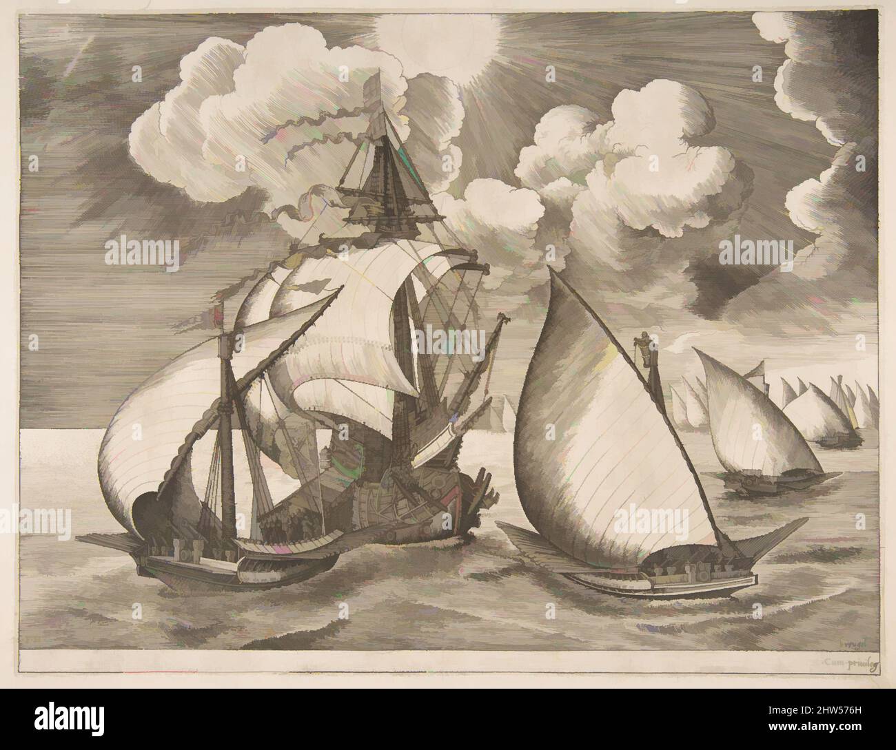 Kunst inspiriert von der Flotte von Galeeren, begleitet von einer Karavelle der Segelschiffe, 1561–65, Gravur und Radierung, Blatt: 8 3/4 x 11 7/16 Zoll (22,3 x 29 cm), Drucke, nach Pieter Bruegel dem Älteren (Niederländisch, Breda (?) Ca. 1525–1569 Brüssel), Frans Huys (Niederlandisch, 1522–1562, Klassische Werke, die von Artotop mit einem Schuss Moderne modernisiert wurden. Formen, Farbe und Wert, auffällige visuelle Wirkung auf Kunst. Emotionen durch Freiheit von Kunstwerken auf zeitgemäße Weise. Eine zeitlose Botschaft, die eine wild kreative neue Richtung verfolgt. Künstler, die sich dem digitalen Medium zuwenden und die Artotop NFT erschaffen Stockfoto