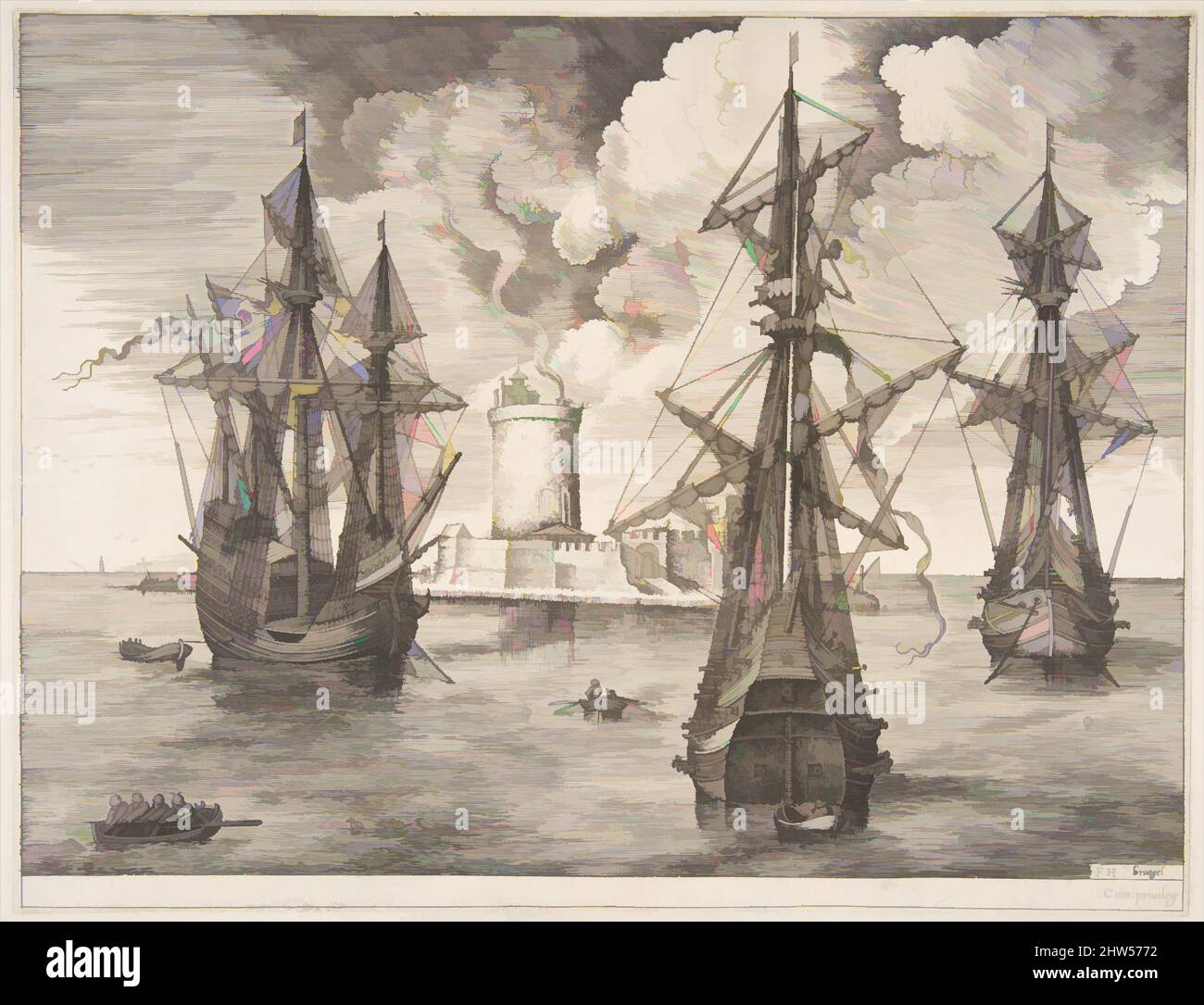 Kunst inspiriert von vier Meistern und zwei drei Meistern, die in der Nähe einer befestigten Insel von den Segelschiffen verankert sind, 1561–65, Gravur und Radierung; erster Zustand von drei, Platte: 8 7/8 × 11 9/16 Zoll (22,5 × 29,4 cm), Drucke, Pieter Bruegel der Ältere (Niederländisch, Breda (?) Ca. 1525–1569, von Artotop modernisierte klassische Werke mit einem Schuss Moderne. Formen, Farbe und Wert, auffällige visuelle Wirkung auf Kunst. Emotionen durch Freiheit von Kunstwerken auf zeitgemäße Weise. Eine zeitlose Botschaft, die eine wild kreative neue Richtung verfolgt. Künstler, die sich dem digitalen Medium zuwenden und die Artotop NFT erschaffen Stockfoto