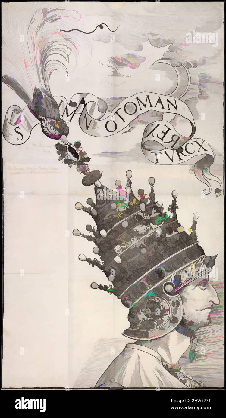 Kunst inspiriert von Sultan Suleyman der Magnificent trägt den Jewel-Nieten Helm, ca. 1540–50, Holzschnitt, Blatt: 35 1/16 × 20 3/16 Zoll (89 × 51,3 cm), Drucke, Anonymous, Italienisch, Venetian, Im 16.. Jahrhundert war der prächtige vierstufige Helm, den Suleyman trägt, das Herzstück einer Gruppe, Classic Works, die von Artotop mit einem Schuss Modernität modernisiert wurde. Formen, Farbe und Wert, auffällige visuelle Wirkung auf Kunst. Emotionen durch Freiheit von Kunstwerken auf zeitgemäße Weise. Eine zeitlose Botschaft, die eine wild kreative neue Richtung verfolgt. Künstler, die sich dem digitalen Medium zuwenden und die Artotop NFT erschaffen Stockfoto