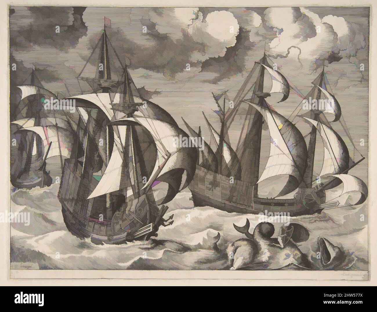 Kunst inspiriert von drei Karavellen in einer aufsteigenden Truppe mit Arion auf einem Delphin von den Segelschiffen, 1561–65, Gravur und Radierung; erster Zustand von sechs, 8 11/16 x 11 1/4 Zoll (22 x 28,6 cm), Drucke, Pieter Bruegel der Ältere (Niederländisch, Breda (?) Ca. 1525–1569 Brüssel), Frans Huys (, Klassische Werke, die von Artotop mit einem Schuss Moderne modernisiert wurden. Formen, Farbe und Wert, auffällige visuelle Wirkung auf Kunst. Emotionen durch Freiheit von Kunstwerken auf zeitgemäße Weise. Eine zeitlose Botschaft, die eine wild kreative neue Richtung verfolgt. Künstler, die sich dem digitalen Medium zuwenden und die Artotop NFT erschaffen Stockfoto