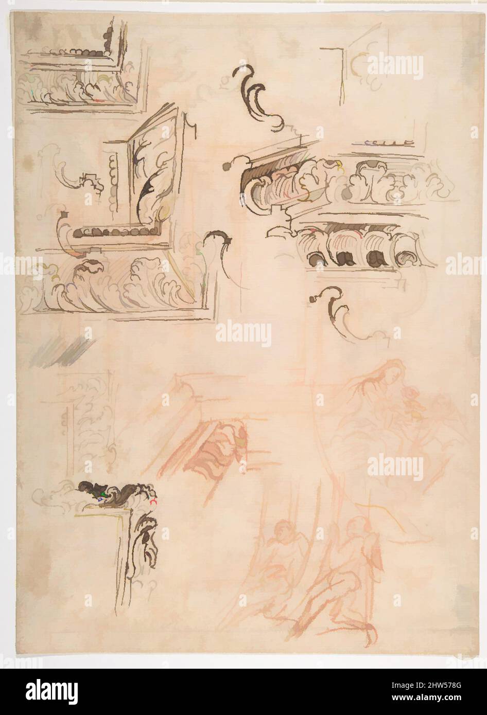 Kunst inspiriert von Studien über Architekturformen, über die Jungfrau und das Kind mit einem knienden Heiligen und von zwei Engeln, die Rahmen (recto) unterstützen; Studien für Architekturformen (verso), 1611–89, Stift und braune Tinte, rote Kreide, ein wenig schwarze Kreide (recto); Weitere Studien über Formteile, Klassisches Werk modernisiert von Artotop mit einem Schuss Moderne. Formen, Farbe und Wert, auffällige visuelle Wirkung auf Kunst. Emotionen durch Freiheit von Kunstwerken auf zeitgemäße Weise. Eine zeitlose Botschaft, die eine wild kreative neue Richtung verfolgt. Künstler, die sich dem digitalen Medium zuwenden und die Artotop NFT erschaffen Stockfoto