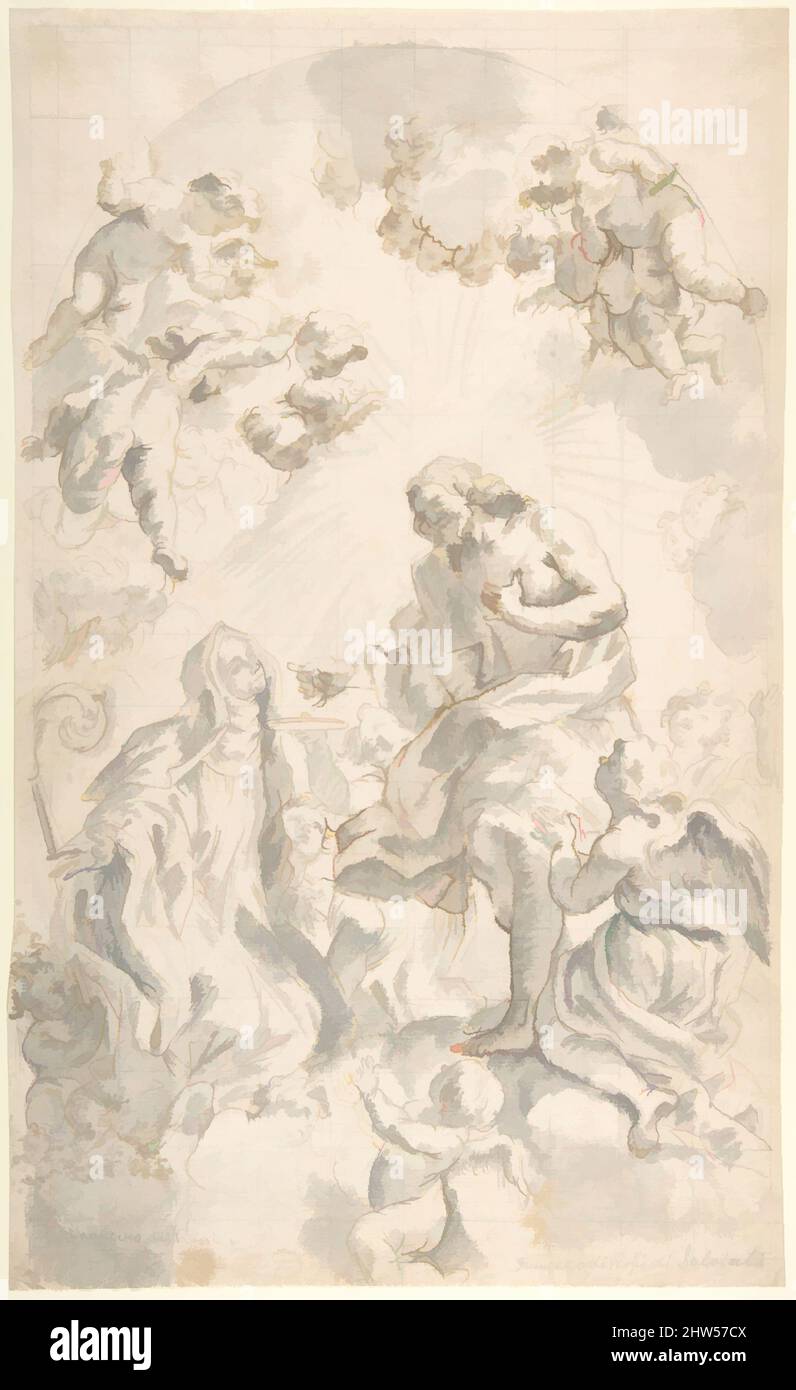 Kunst inspiriert von Christus, der einer heiligen Äbtissin (nach Gaulli) die Hostie schenkt, 1639–1709, Stift und braune Tinte, Pinsel und Grauwäsche. Quadratisch in schwarzer Kreide, 15-1/4 x 9-1/4 Zoll (38,8 x 23,5 cm), Zeichnungen, nach Giovanni Battista Gaulli (Il Baciccio) (Italienisch, Genua 1639–1709 Rom, Klassische Werke, die von Artotop mit einem Schuss Moderne modernisiert wurden. Formen, Farbe und Wert, auffällige visuelle Wirkung auf Kunst. Emotionen durch Freiheit von Kunstwerken auf zeitgemäße Weise. Eine zeitlose Botschaft, die eine wild kreative neue Richtung verfolgt. Künstler, die sich dem digitalen Medium zuwenden und die Artotop NFT erschaffen Stockfoto