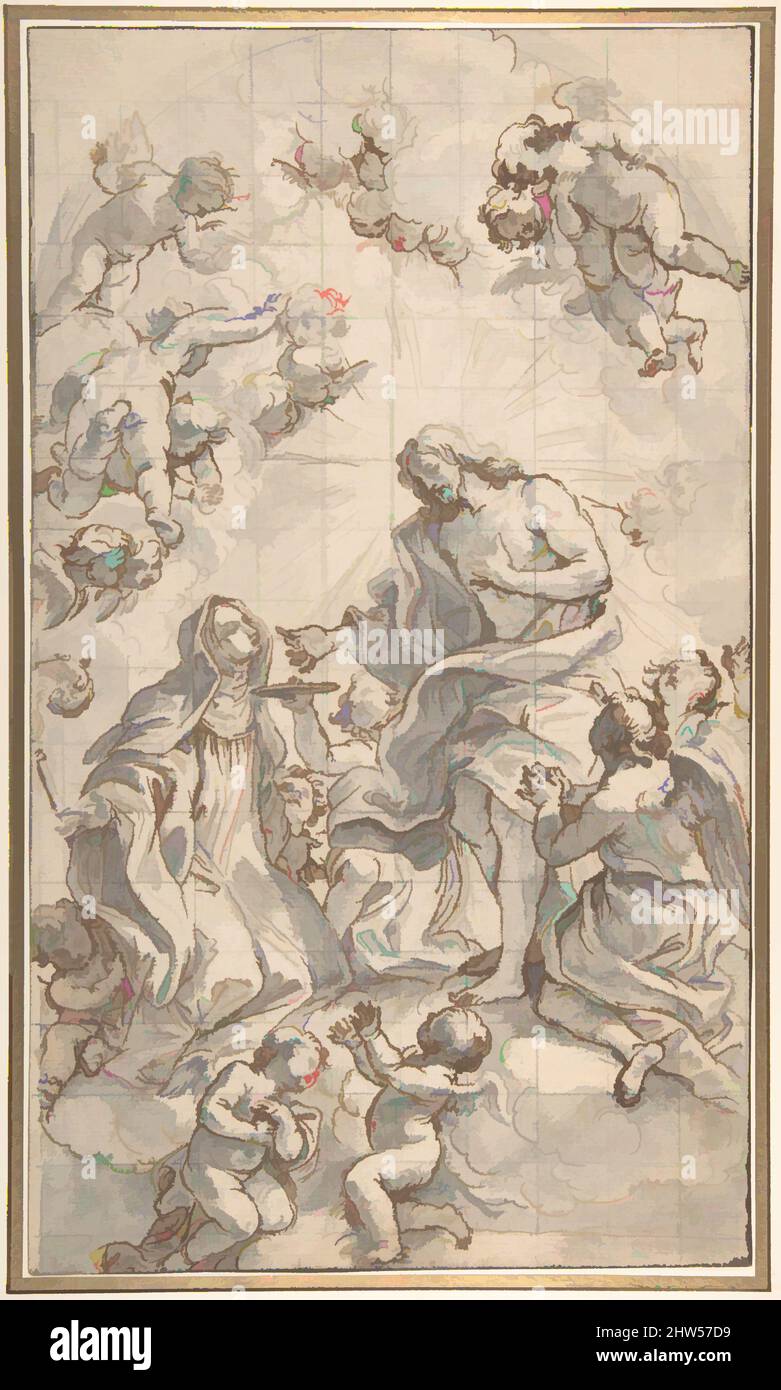 Kunst inspiriert von Christus Giving the Host to a Holy Äbtissin, 1690, Stift und braune Tinte, Pinsel und Grauwäsche. Quadratisch in schwarzer Kreide, 15-11/16 x 9-3/16 Zoll (39,9 x 23,3 cm), Zeichnungen, Giovanni Battista Gaulli (Il Baciccio) (Italienisch, Genua 1639–1709 Rom, Klassische Werke, die von Artotop mit einem Schuss Moderne modernisiert wurden. Formen, Farbe und Wert, auffällige visuelle Wirkung auf Kunst. Emotionen durch Freiheit von Kunstwerken auf zeitgemäße Weise. Eine zeitlose Botschaft, die eine wild kreative neue Richtung verfolgt. Künstler, die sich dem digitalen Medium zuwenden und die Artotop NFT erschaffen Stockfoto