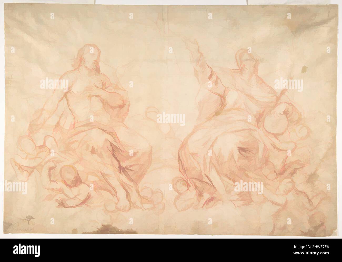Kunst inspiriert von der Heiligen Dreifaltigkeit (recto); Studien von sitzenden weiblichen Figuren (die Jungfrau und ein anderer Heiliger?) (verso), 1634–1705, Rote Kreide (recto); schwache rote Kreide (verso), 10 1/2 x 15 1/8in. (26,6 x 38,4cm), Zeichnungen, Luca Giordano (Italienisch, Neapel 1634–1705 Neapel, Klassische Werke, die von Artotop mit einem Schuss Moderne modernisiert wurden. Formen, Farbe und Wert, auffällige visuelle Wirkung auf Kunst. Emotionen durch Freiheit von Kunstwerken auf zeitgemäße Weise. Eine zeitlose Botschaft, die eine wild kreative neue Richtung verfolgt. Künstler, die sich dem digitalen Medium zuwenden und die Artotop NFT erschaffen Stockfoto