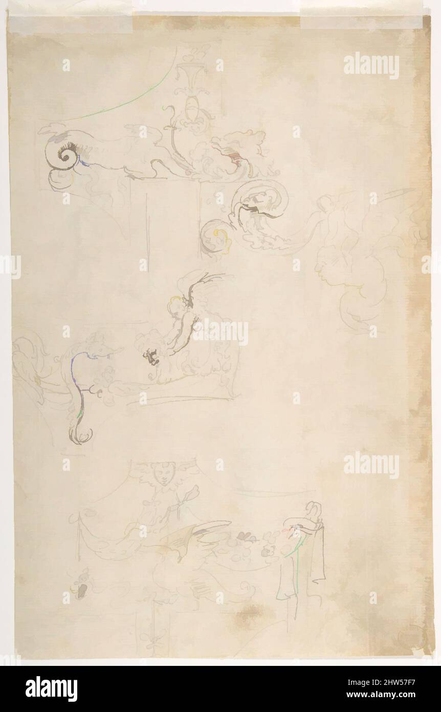 Kunst inspiriert von Sheet of Figure Studies, wahrscheinlich nach der Antike (recto); Ornamental Designs (verso), 1501–56, Stift und braune Tinte, Pinsel und braune Wäsche (recto); Stift und braune Tinte (verso), 11-3/8 x 7-7/16 Zoll (28,9 x 18,9 cm), Zeichnungen, zugeschrieben Girolamo da Carpi (Girolamo, Klassische Werke, die von Artotop mit einem Schuss Moderne modernisiert wurden. Formen, Farbe und Wert, auffällige visuelle Wirkung auf Kunst. Emotionen durch Freiheit von Kunstwerken auf zeitgemäße Weise. Eine zeitlose Botschaft, die eine wild kreative neue Richtung verfolgt. Künstler, die sich dem digitalen Medium zuwenden und die Artotop NFT erschaffen Stockfoto