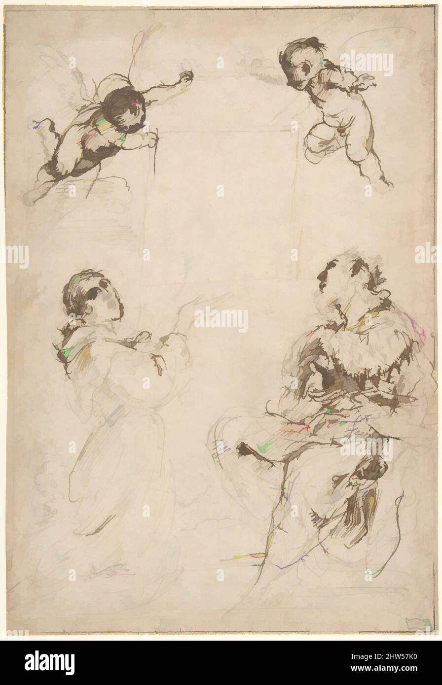 Kunst inspiriert von dem Heiligen Franz von Assisi und dem Heiligen Ludwig von Frankreich, die ein Bild der Jungfrau verehren, ca. 1618, Stift und braune Tinte, auf beigefarbenem Papier, Blatt: 9 5/16 x 6 3/8 Zoll (23,6 x 16,2 cm), Zeichnungen, Guercino (Giovanni Francesco Barbieri) (Italienisch, Cento 1591–1666 Bologna), Studie für A, Klassische Werke, die von Artotop mit einem Schuss Moderne modernisiert wurden. Formen, Farbe und Wert, auffällige visuelle Wirkung auf Kunst. Emotionen durch Freiheit von Kunstwerken auf zeitgemäße Weise. Eine zeitlose Botschaft, die eine wild kreative neue Richtung verfolgt. Künstler, die sich dem digitalen Medium zuwenden und die Artotop NFT erschaffen Stockfoto