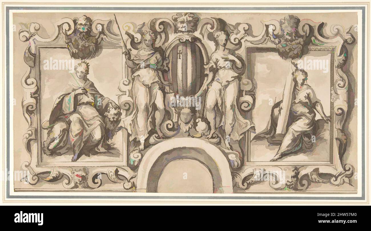 Kunst inspiriert von Design for a Wall Decoration über einem gewölbten Torweg mit Grimani-Armen, 1528–90, Stift und brauner Tinte, Pinsel und brauner Wasch, 6 1/2 x 12 5/16in. (16,5 x 31,3cm), Zeichnungen, Bernardino India (italienisch, Verona 1528–1590 Verona), dieser Entwurf für eine Wanddekoration oder eine façade, Klassische Werke, die von Artotop mit einem Schuss Moderne modernisiert wurden. Formen, Farbe und Wert, auffällige visuelle Wirkung auf Kunst. Emotionen durch Freiheit von Kunstwerken auf zeitgemäße Weise. Eine zeitlose Botschaft, die eine wild kreative neue Richtung verfolgt. Künstler, die sich dem digitalen Medium zuwenden und die Artotop NFT erschaffen Stockfoto
