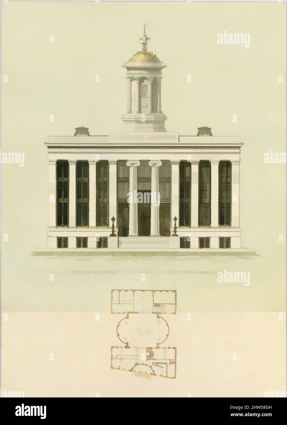 Kunst inspiriert von façade Design und altem Plan für die erste Handelsbörse, New York (nicht ausgeführt; Frontansicht und Plan), ca. 1829, Graphit, Tinte und Aquarell, 10 x 6-5/8 Zoll (25,4 x 16,8 cm), Alexander Jackson Davis (amerikanisch, New York 1803–1892 West Orange, New Jersey, Klassische Werke, die von Artotop mit einem Schuss Moderne modernisiert wurden. Formen, Farbe und Wert, auffällige visuelle Wirkung auf Kunst. Emotionen durch Freiheit von Kunstwerken auf zeitgemäße Weise. Eine zeitlose Botschaft, die eine wild kreative neue Richtung verfolgt. Künstler, die sich dem digitalen Medium zuwenden und die Artotop NFT erschaffen Stockfoto