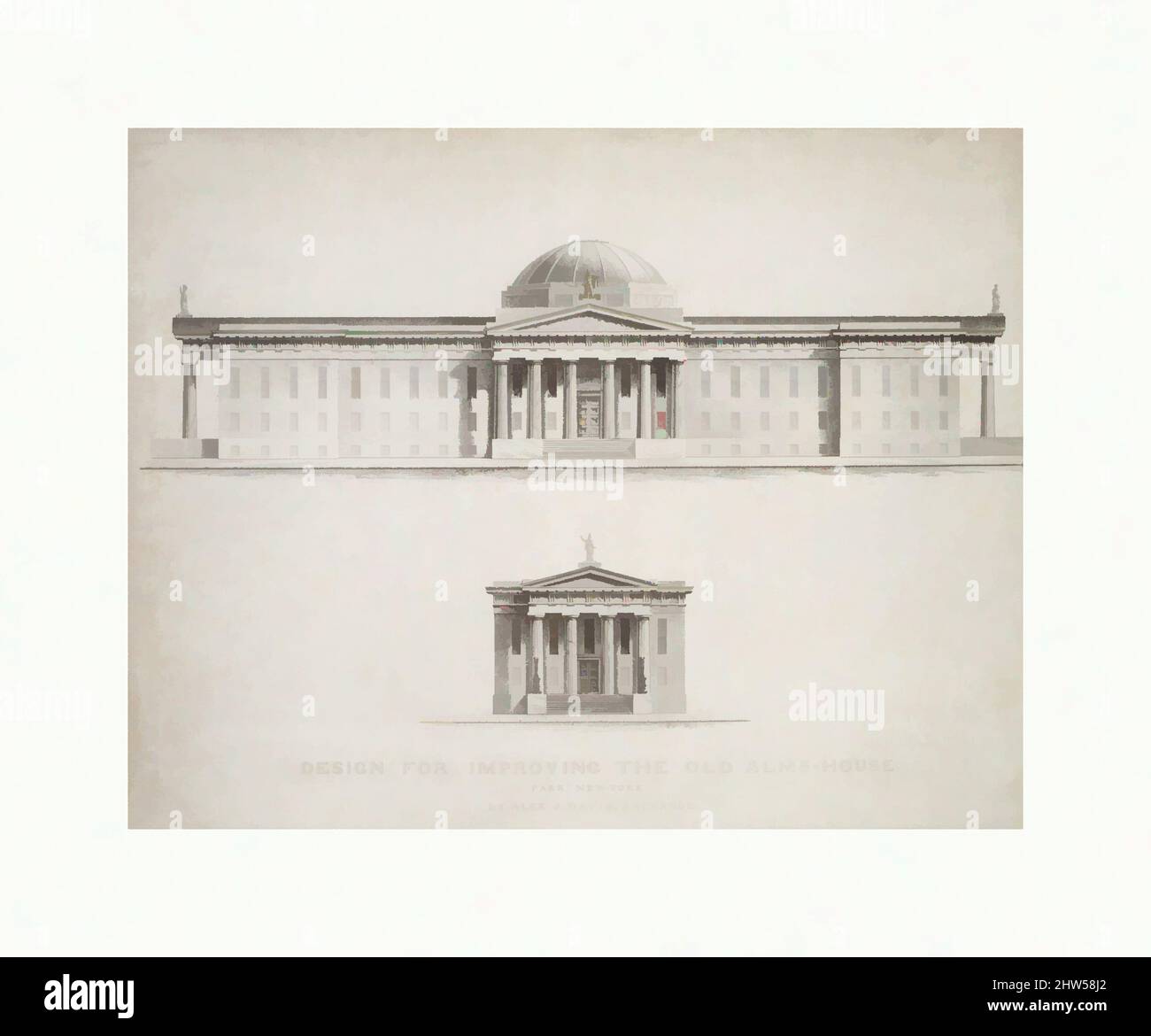 Von Design inspirierte Kunst zur Verbesserung des Old Alm's House, Nordseite des City Hall Park, gegenüber der Chambers Street, New York, 1828, Lithograph, 18 x 22-1/4 Zoll (45,7 x 56,5 cm), Drucke, After Alexander Jackson Davis (American, New York 1803–1892 West Orange, New Jersey, Klassische Werke, die von Artotop mit einem Schuss Moderne modernisiert wurden. Formen, Farbe und Wert, auffällige visuelle Wirkung auf Kunst. Emotionen durch Freiheit von Kunstwerken auf zeitgemäße Weise. Eine zeitlose Botschaft, die eine wild kreative neue Richtung verfolgt. Künstler, die sich dem digitalen Medium zuwenden und die Artotop NFT erschaffen Stockfoto