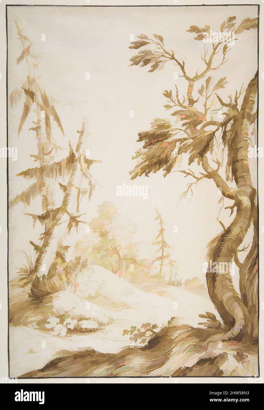 Kunst inspiriert von Clearing in a Wooded Landscape, 1676–1730, Pen und braune Tinte, über Spuren von Graphit oder Blei. Rahmenlinien in Stift und dunkelbrauner Tinte, 11 1/2 x 7 13/16in. (29,2 x 19,8cm), Zeichnungen, Marco Ricci (Italienisch, Belluno 1676–1730 Venedig, Klassische Werke, die von Artotop mit einem Schuss Moderne modernisiert wurden. Formen, Farbe und Wert, auffällige visuelle Wirkung auf Kunst. Emotionen durch Freiheit von Kunstwerken auf zeitgemäße Weise. Eine zeitlose Botschaft, die eine wild kreative neue Richtung verfolgt. Künstler, die sich dem digitalen Medium zuwenden und die Artotop NFT erschaffen Stockfoto