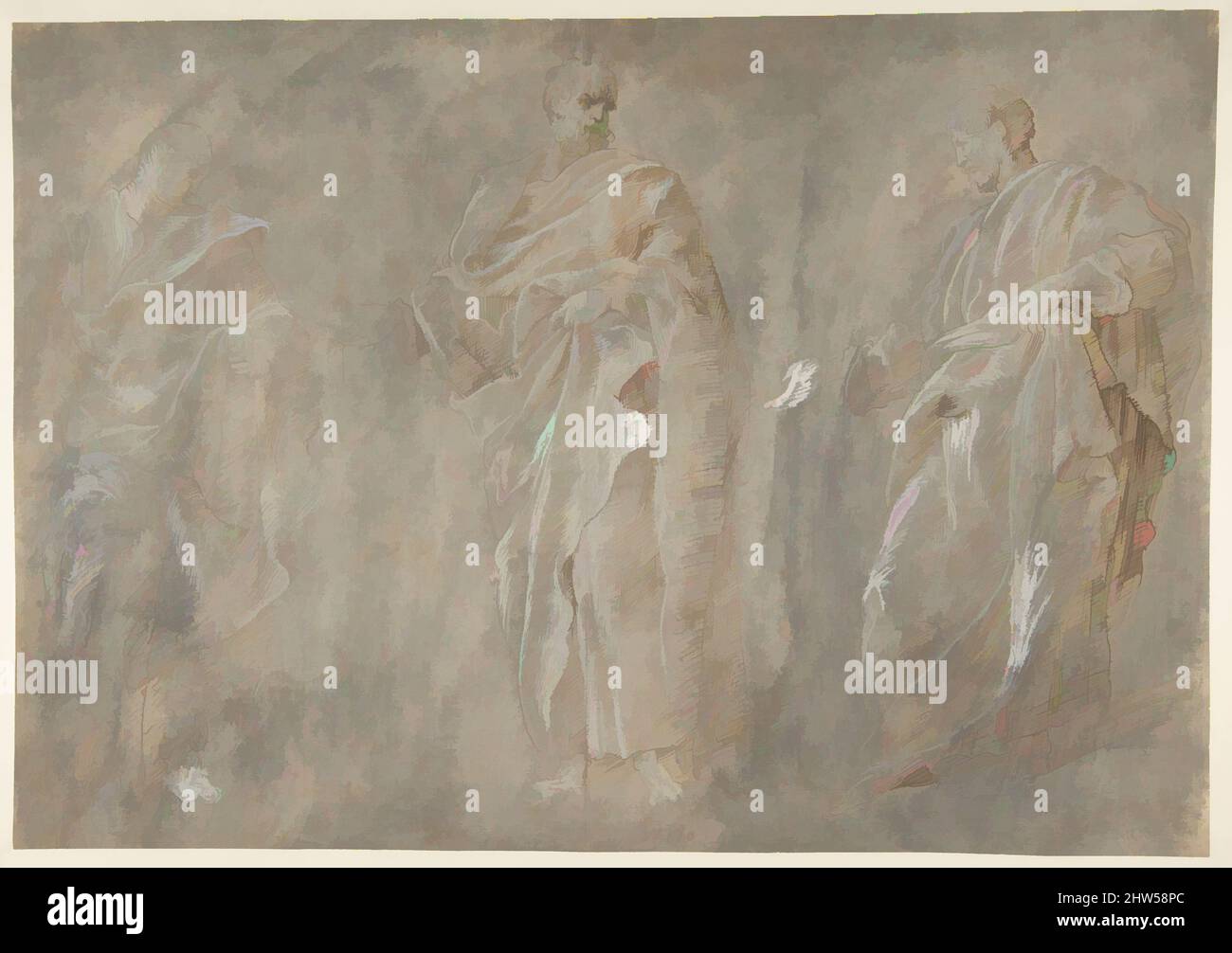 Kunst inspiriert von drei stehenden Figuren, 16. Jahrhundert, Stift und Tinte und weiße Gouache, über Spuren von schwarzer Kreide, auf grauem Papier gewaschen, 17 1/8 x 12 Zoll (43,5 x 30,5 cm), Zeichnungen, nach Francesco Primaticchio (Italienisch, Bologna 1504/5–1570 Paris, Klassische Werke, die von Artotop mit einem Schuss Moderne modernisiert wurden. Formen, Farbe und Wert, auffällige visuelle Wirkung auf Kunst. Emotionen durch Freiheit von Kunstwerken auf zeitgemäße Weise. Eine zeitlose Botschaft, die eine wild kreative neue Richtung verfolgt. Künstler, die sich dem digitalen Medium zuwenden und die Artotop NFT erschaffen Stockfoto