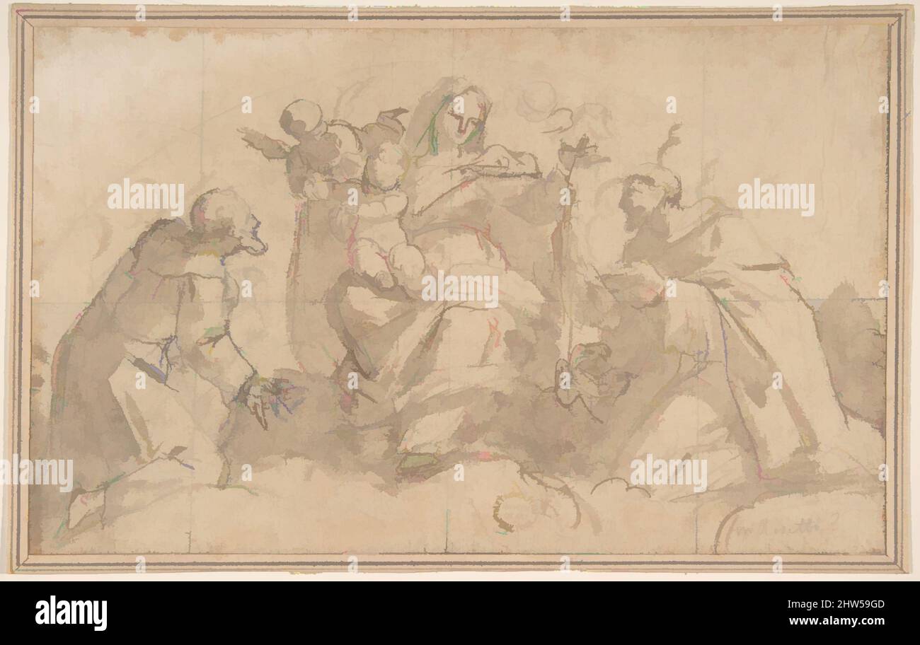 Kunst inspiriert von Madonna und Kind mit Heiligen und Engeln, 17.. Jahrhundert, Rote Kreide auf cremefarbenem Papier. Fragmentarische Umrandung in schwarzer Tinte entlang der linken, unteren und rechten Kanten; fragmentarische Umrandung in grauer Tinte entlang der linken Kante, 5-1/4 x 8-1/2 Zoll (13,35 x 21,55 cm), Zeichnungen, Klassische Werke, die von Artotop mit einem Schuss Moderne modernisiert wurden. Formen, Farbe und Wert, auffällige visuelle Wirkung auf Kunst. Emotionen durch Freiheit von Kunstwerken auf zeitgemäße Weise. Eine zeitlose Botschaft, die eine wild kreative neue Richtung verfolgt. Künstler, die sich dem digitalen Medium zuwenden und die Artotop NFT erschaffen Stockfoto