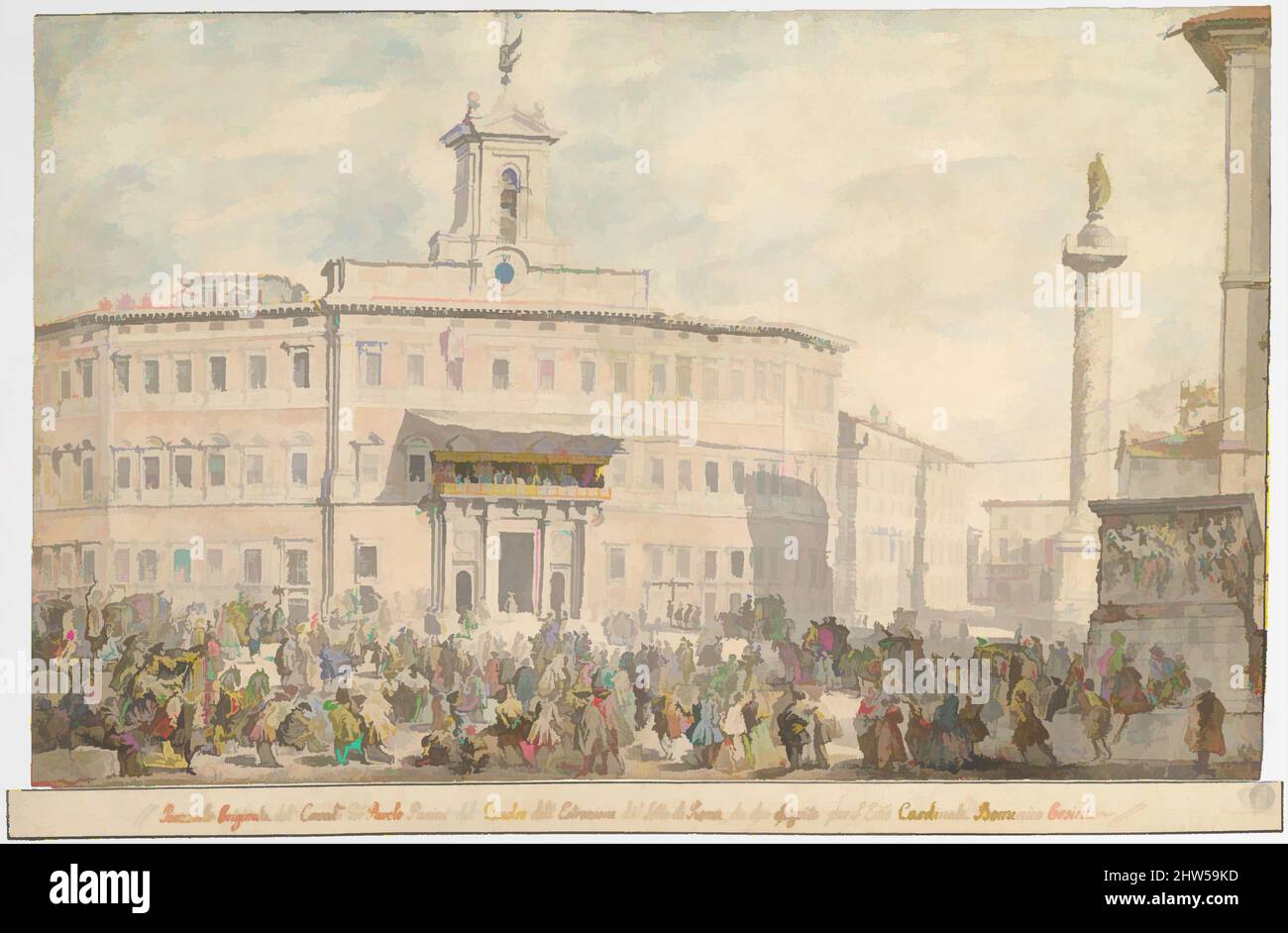 Kunst inspiriert von der Lotterie auf der Piazza di Montecitorio, 1743–1744, Stift und schwarze Tinte, Aquarell, über Graphit. Rahmen von Linien in Stift und schwarzer Tinte am linken, rechten und oberen Rand, 13 3/8 x 21 7/16in. (34 x 54,5cm), Zeichnungen, Giovanni Paolo Panini (Italienisch, Piacenza 1691–1765 Rom, Klassische Werke, die von Artotop mit einem Schuss Moderne modernisiert wurden. Formen, Farbe und Wert, auffällige visuelle Wirkung auf Kunst. Emotionen durch Freiheit von Kunstwerken auf zeitgemäße Weise. Eine zeitlose Botschaft, die eine wild kreative neue Richtung verfolgt. Künstler, die sich dem digitalen Medium zuwenden und die Artotop NFT erschaffen Stockfoto