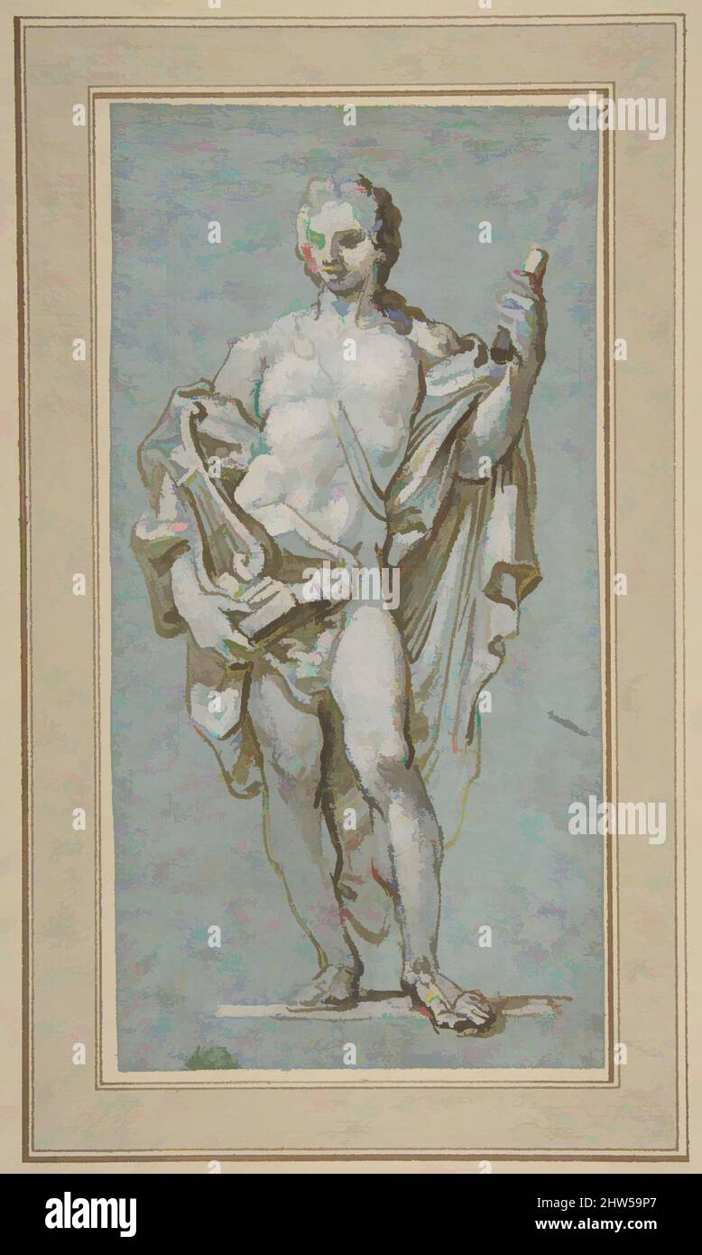 Kunst inspiriert von der stehenden Figur des Apollo mit Leier, 1666–1724, Pinsel- und Braunwäsche, mit Weiß hervorgehoben, über Spuren von Holzkohle, auf blauem Papier; Spuren der Quadratur in Holzkohle, 11 1/8 x 5 11/16in. (28,2 x 14,4cm), Zeichnungen, Paolo Gerolamo Piola (Italienisch, Genua 1666–1724 Genua, Klassische Werke, die von Artotop mit einem Schuss Moderne modernisiert wurden. Formen, Farbe und Wert, auffällige visuelle Wirkung auf Kunst. Emotionen durch Freiheit von Kunstwerken auf zeitgemäße Weise. Eine zeitlose Botschaft, die eine wild kreative neue Richtung verfolgt. Künstler, die sich dem digitalen Medium zuwenden und die Artotop NFT erschaffen Stockfoto