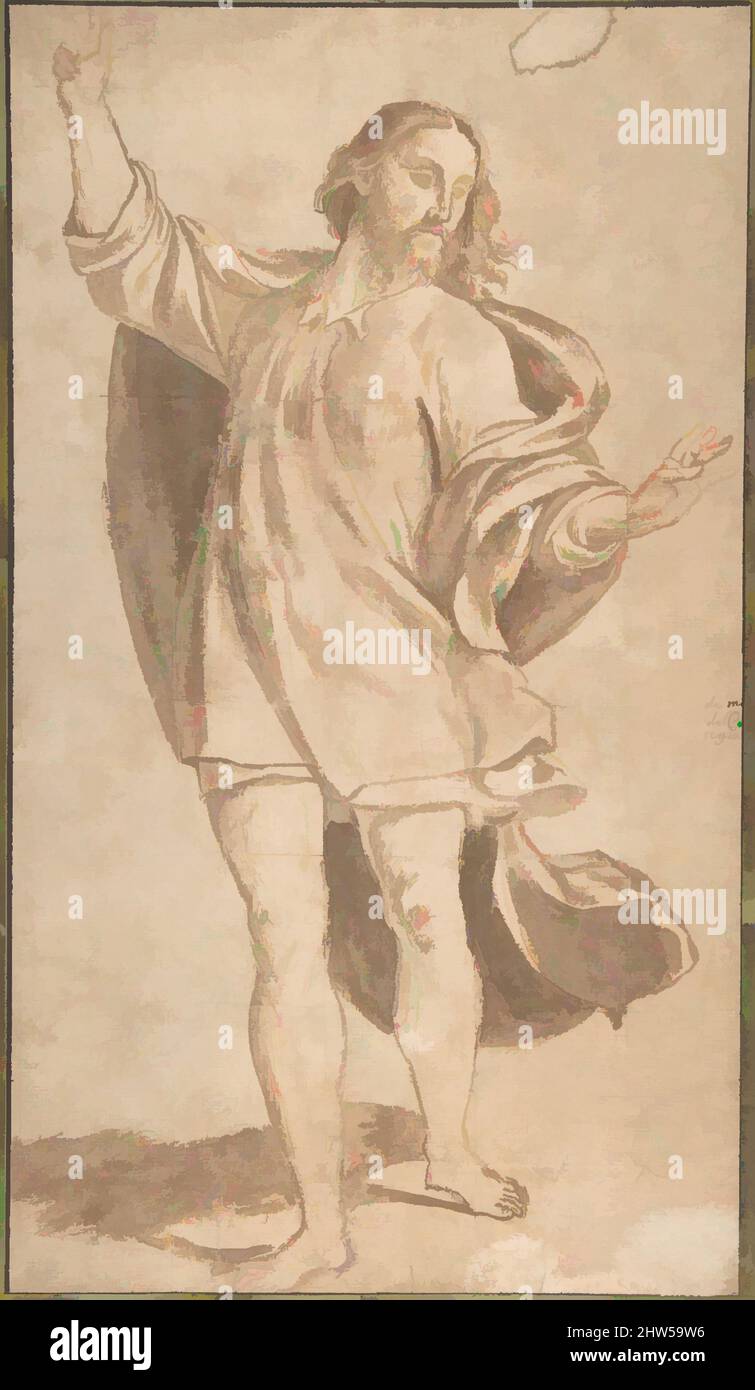 Kunst inspiriert durch stehende Figur Christi mit aufgewerteten Armen, 1484–1539, Pinselspitze und Braunwäsche in zwei Farbtönen, schwach kariert in Holzkohle, auf beigefarbenem Papier, 15-13/16 x 9-1/8 Zoll (40,2 x 23,1 cm), Zeichnungen, Giovanni Antonio da Pordenone (Giovanni Antonio de Sacchis) (Italienisch, Klassische Werke, die von Artotop mit einem Schuss Moderne modernisiert wurden. Formen, Farbe und Wert, auffällige visuelle Wirkung auf Kunst. Emotionen durch Freiheit von Kunstwerken auf zeitgemäße Weise. Eine zeitlose Botschaft, die eine wild kreative neue Richtung verfolgt. Künstler, die sich dem digitalen Medium zuwenden und die Artotop NFT erschaffen Stockfoto