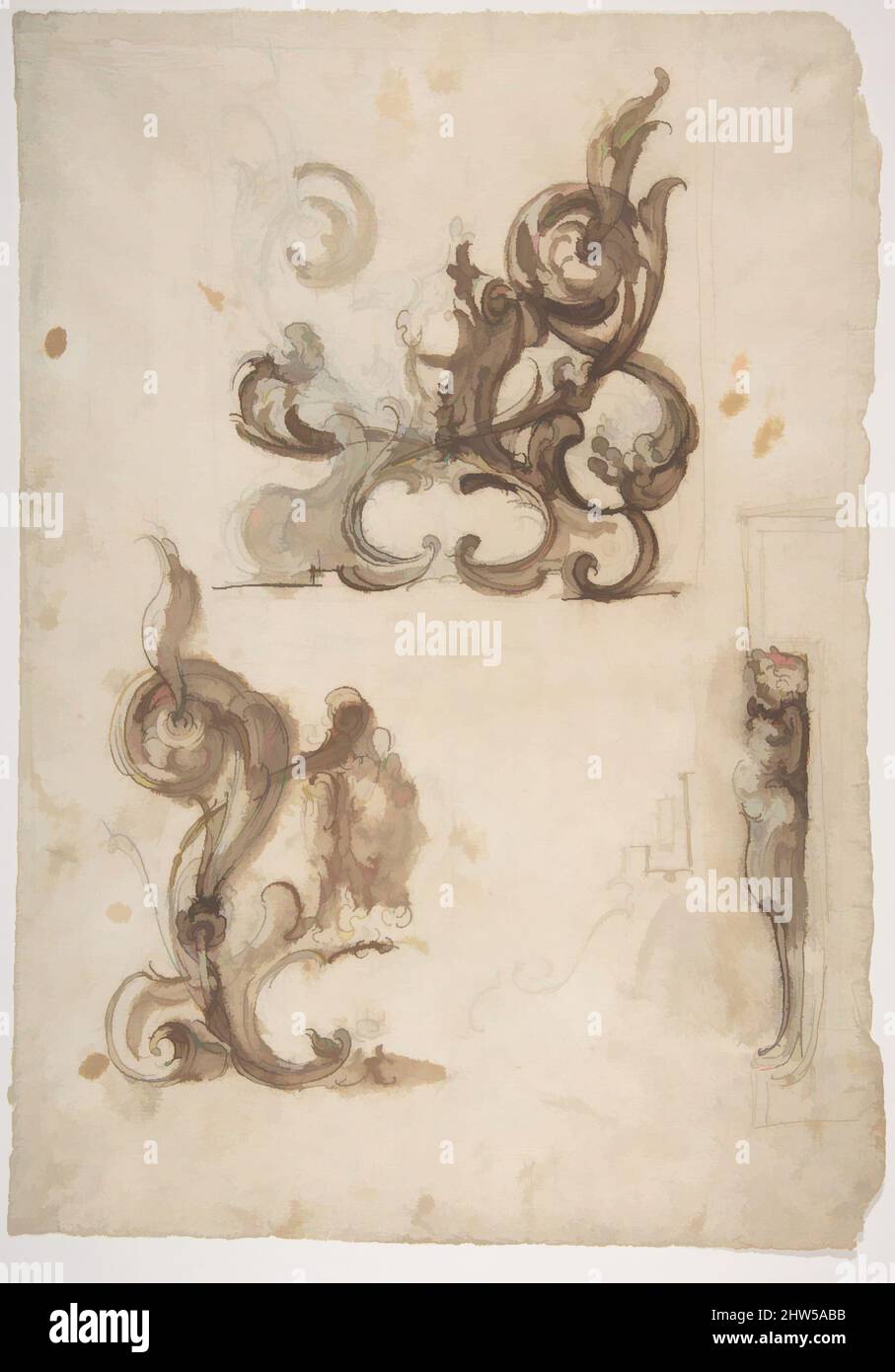 Kunst inspiriert von Entwürfen für Ornamental-Motive und für einen Herm, der ein Kaminstück unterstützt, 1568–1625, Stift und braune Tinte, Pinsel und braune Wäsche, über schwarzer Kreide, 12 x 8 1/2in. (30,5 x 21,6cm), Zeichnungen, Moncalvo (Guglielmo Caccia) (Italienisch, Montabone 1568–1625 Moncalvo, Klassische Werke, die von Artotop mit einem Schuss Moderne modernisiert wurden. Formen, Farbe und Wert, auffällige visuelle Wirkung auf Kunst. Emotionen durch Freiheit von Kunstwerken auf zeitgemäße Weise. Eine zeitlose Botschaft, die eine wild kreative neue Richtung verfolgt. Künstler, die sich dem digitalen Medium zuwenden und die Artotop NFT erschaffen Stockfoto