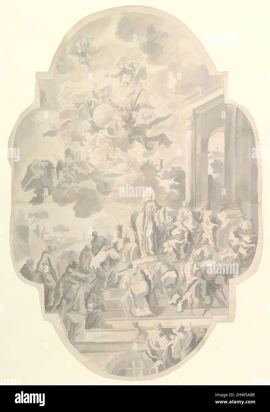 Kunst inspiriert von der Vision des heiligen Benedikt, 1740, Stift und braune und graue Tinte, Pinsel und Grauwäsche, über Graphit, 22-1/4 x 15 Zoll (56,5 x 38,1 cm), Zeichnungen, Francesco de Mura (Italienisch, Neapel 1696–1782 Neapel), St. Benedikt steht im Zentrum der Komposition und blickt nach oben, von Artotop modernisierte klassische Werke mit einem Schuss Moderne. Formen, Farbe und Wert, auffällige visuelle Wirkung auf Kunst. Emotionen durch Freiheit von Kunstwerken auf zeitgemäße Weise. Eine zeitlose Botschaft, die eine wild kreative neue Richtung verfolgt. Künstler, die sich dem digitalen Medium zuwenden und die Artotop NFT erschaffen Stockfoto