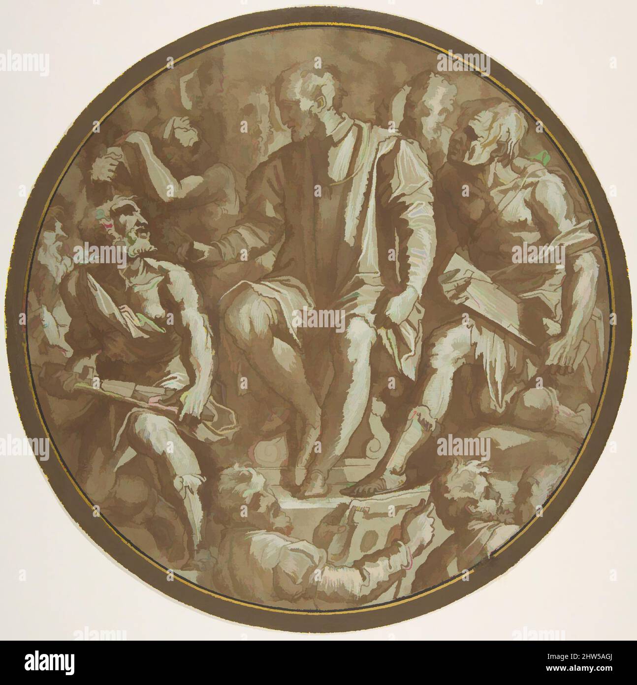 Kunst inspiriert von Großherzog Cosimo I. von der Toskana umgeben von seinen Künstlern., ca. 1556–62, Stift und braune Tinte, Pinsel und braune Wäsche, mit weißer Gouache hervorgehoben, über Spuren von schwarzer Kreide oder Graphit, auf graugrünem Papier, 9-3/16 Zoll (23,4 cm) Durchmesser, Zeichnungen, Werkstatt von Giorgio, Klassische Werke, die von Artotop mit einem Schuss Moderne modernisiert wurden. Formen, Farbe und Wert, auffällige visuelle Wirkung auf Kunst. Emotionen durch Freiheit von Kunstwerken auf zeitgemäße Weise. Eine zeitlose Botschaft, die eine wild kreative neue Richtung verfolgt. Künstler, die sich dem digitalen Medium zuwenden und die Artotop NFT erschaffen Stockfoto
