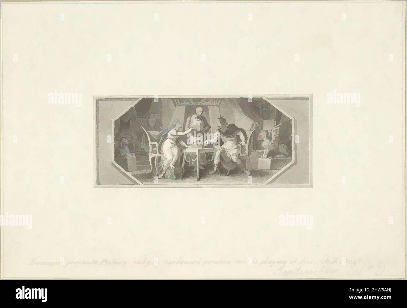 Von Berenice inspirierte Kunst verhindert, dass Ptolemäus verurteilte Personen während des Spiels bei Dice beurteilt, 18.–19. Jahrhundert, Stift und braune Tinte, Pinsel und Grauwäsche, Blatt: 3 3/16 × 4 5/8 Zoll (8,1 × 11,7 cm), Zeichnungen, Edward Francis Burney (British, Worcester 1760–1848 London, Klassische Werke, die von Artotop mit einem Schuss Moderne modernisiert wurden. Formen, Farbe und Wert, auffällige visuelle Wirkung auf Kunst. Emotionen durch Freiheit von Kunstwerken auf zeitgemäße Weise. Eine zeitlose Botschaft, die eine wild kreative neue Richtung verfolgt. Künstler, die sich dem digitalen Medium zuwenden und die Artotop NFT erschaffen Stockfoto