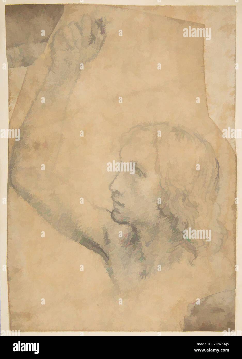 Kunst inspiriert von Jugend mit rechtem Arm in einer schulterlangen Darstellung angehoben (Vorstudie für St. Sebastian), ca. 1515, weiche schwarze Kreide oder Kohle, auf Papier jetzt sehr abgedunkelt (bis beige Farbe), 7 3/4 x 5 3/8 Zoll (19,7 x 13,7 cm), Zeichnungen, Timoteo Viti (italienisch, Urbino 1469–1523, Klassische Werke, die von Artotop mit einem Schuss Moderne modernisiert wurden. Formen, Farbe und Wert, auffällige visuelle Wirkung auf Kunst. Emotionen durch Freiheit von Kunstwerken auf zeitgemäße Weise. Eine zeitlose Botschaft, die eine wild kreative neue Richtung verfolgt. Künstler, die sich dem digitalen Medium zuwenden und die Artotop NFT erschaffen Stockfoto