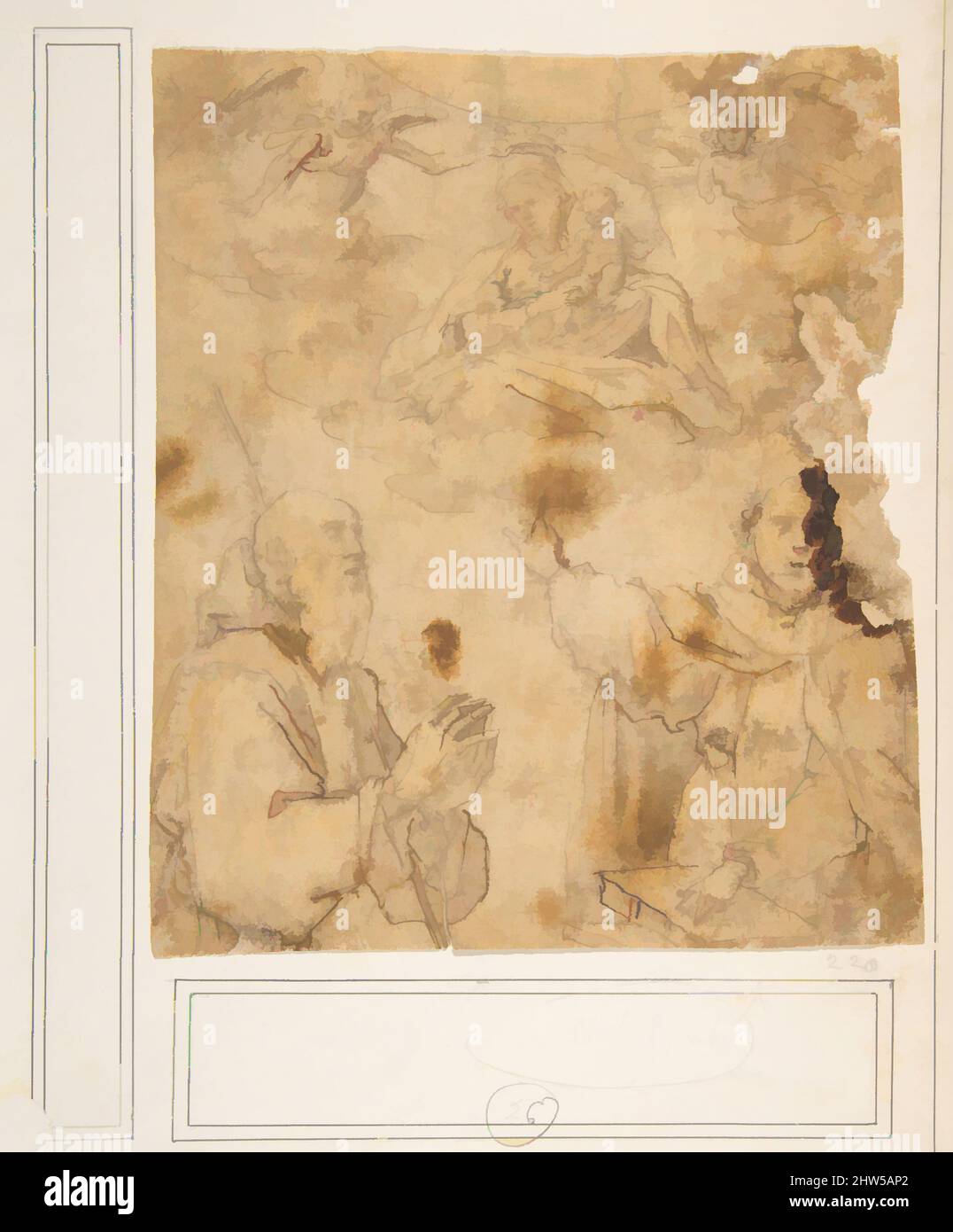 Kunst inspiriert von Jungfrau und Kind mit zwei Engeln, die zwei Heiligen erscheinen, 1575–1623, Feder und braune Tinte, 7 1/2 x 6 1/2in. (19,1 x 16,5cm), Zeichnungen, Fabrizio Santafede (italienisch, dokumentiert Neapel, 1576–1623, Klassische Werke, die von Artotop mit einem Hauch von Moderne modernisiert wurden. Formen, Farbe und Wert, auffällige visuelle Wirkung auf Kunst. Emotionen durch Freiheit von Kunstwerken auf zeitgemäße Weise. Eine zeitlose Botschaft, die eine wild kreative neue Richtung verfolgt. Künstler, die sich dem digitalen Medium zuwenden und die Artotop NFT erschaffen Stockfoto