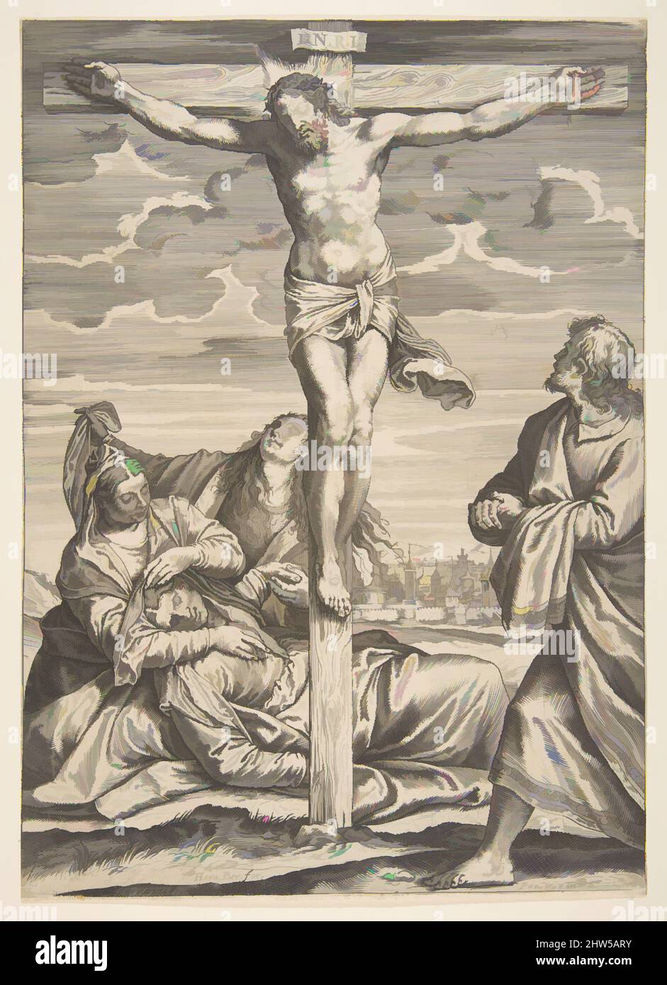 Kunst, inspiriert von Christus am Kreuz, Johannes rechts, der auf ihn blickt, links die ohnmächtig werdende Jungfrau Maria, unterstützt von zwei Frauen, 1582, Gravieren, Blatt: 12 3/16 × 8 9/16 in. (30,9 × 21,8 cm), Drucke, Agostino Carracci (italienisch, Bologna 1557–1602 Parma), nach Paolo, Klassische Werke, die von Artotop mit einem Hauch von Moderne modernisiert wurden. Formen, Farbe und Wert, auffällige visuelle Wirkung auf Kunst. Emotionen durch Freiheit von Kunstwerken auf zeitgemäße Weise. Eine zeitlose Botschaft, die eine wild kreative neue Richtung verfolgt. Künstler, die sich dem digitalen Medium zuwenden und die Artotop NFT erschaffen Stockfoto