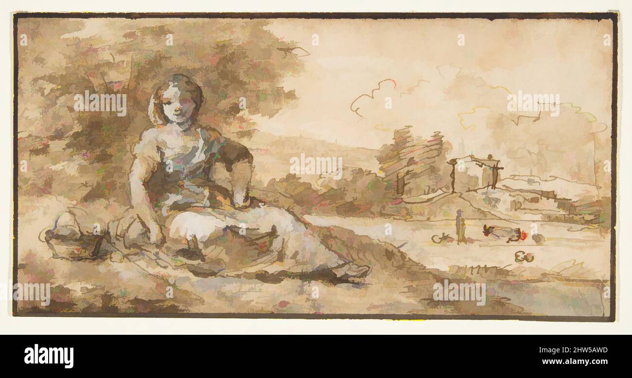 Art Inspired by Seated Girl in a Landscape, 1702–88, Stift und braune Tinte, Pinsel mit brauner und grauer Wäsche, mit weißer Gouache hervorgehoben, über Graphit. Rahmenlinien in Stift und brauner Tinte, 3 7/16 x 6 13/16in. (8,7 x 17,3cm), Zeichnungen, Francesco Zuccarelli (Italienisch, Pitigliano 1702–1788, Klassische Werke, die von Artotop mit einem Schuss Moderne modernisiert wurden. Formen, Farbe und Wert, auffällige visuelle Wirkung auf Kunst. Emotionen durch Freiheit von Kunstwerken auf zeitgemäße Weise. Eine zeitlose Botschaft, die eine wild kreative neue Richtung verfolgt. Künstler, die sich dem digitalen Medium zuwenden und die Artotop NFT erschaffen Stockfoto