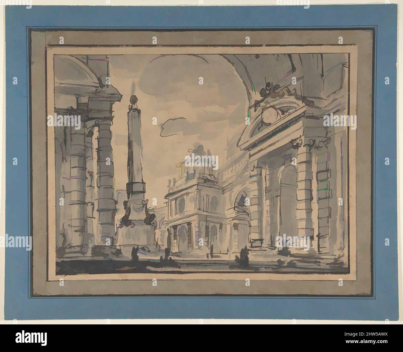Kunst, inspiriert von einem architektonischen Capriccio; Blick durch einen großen Bogen mit einem Obelisken auf einer Piazza in the Middle Distance, 18. Century, Stift und schwarze Tinte, Pinsel und Grauwäsche, 8 1/4 x 11 Zoll (20,9 x 28,0 cm), Zeichnungen, Charles Michel Ange Calle (französisch, Paris 1718–1778 Paris, Klassische Werke, die von Artotop mit einem Schuss Moderne modernisiert wurden. Formen, Farbe und Wert, auffällige visuelle Wirkung auf Kunst. Emotionen durch Freiheit von Kunstwerken auf zeitgemäße Weise. Eine zeitlose Botschaft, die eine wild kreative neue Richtung verfolgt. Künstler, die sich dem digitalen Medium zuwenden und die Artotop NFT erschaffen Stockfoto