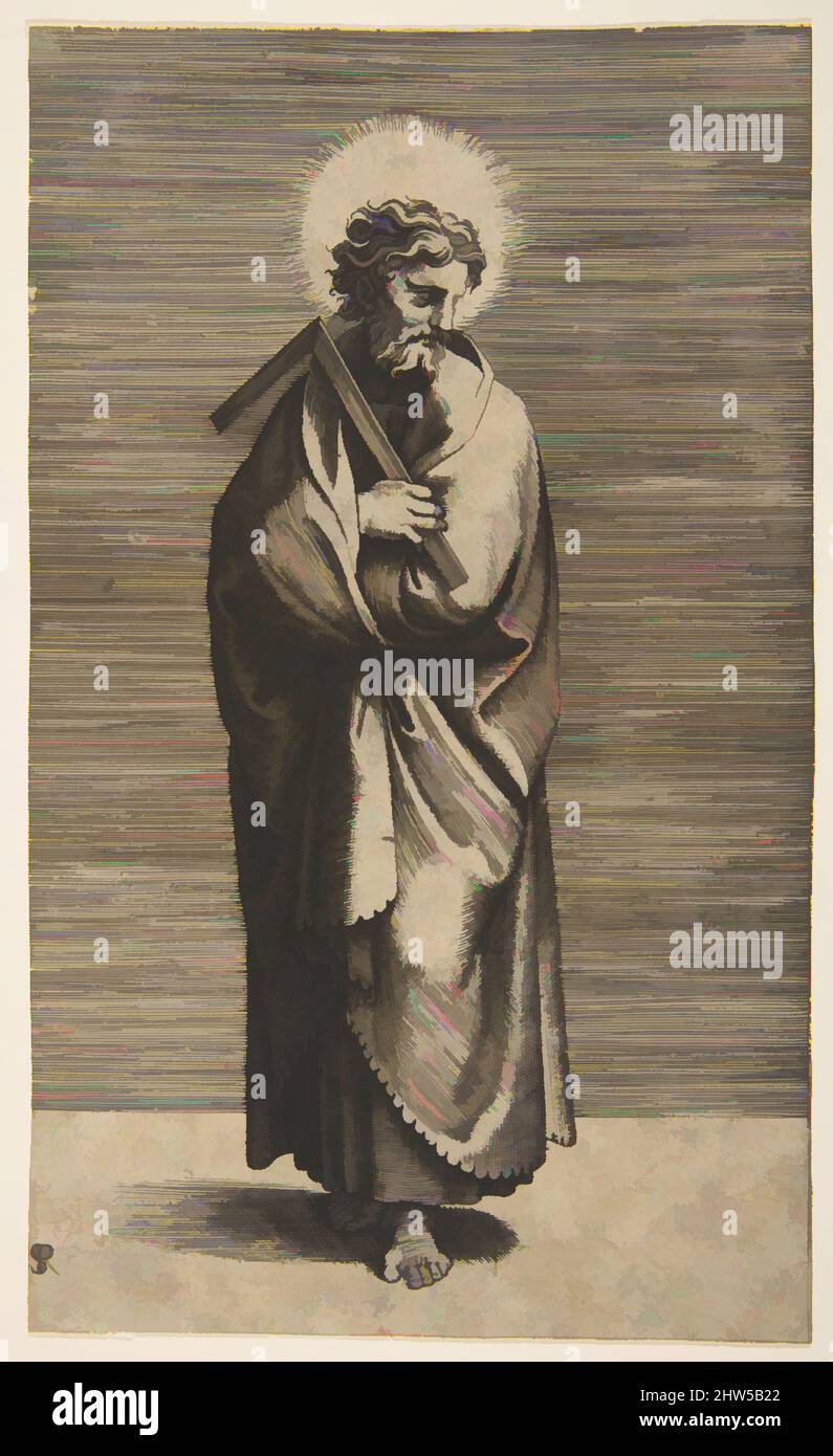 Kunst inspiriert von St. Thomas hält eine quadratische Regel, sein Kopf nach rechts gedreht, ca. 1515–27, Gravieren, Blatt (getrimmt): 8 5/16 × 4 15/16 Zoll (21,1 × 12,6 cm), Drucke, Marco Dente (Italienisch, Ravenna, aktiv von 1515–gestorben 1527 Rom), nach Marcantonio Raimondi (Italienisch, Argini (?) Ca, Classic Works modernisiert von Artotop mit einem Schuss Moderne. Formen, Farbe und Wert, auffällige visuelle Wirkung auf Kunst. Emotionen durch Freiheit von Kunstwerken auf zeitgemäße Weise. Eine zeitlose Botschaft, die eine wild kreative neue Richtung verfolgt. Künstler, die sich dem digitalen Medium zuwenden und die Artotop NFT erschaffen Stockfoto