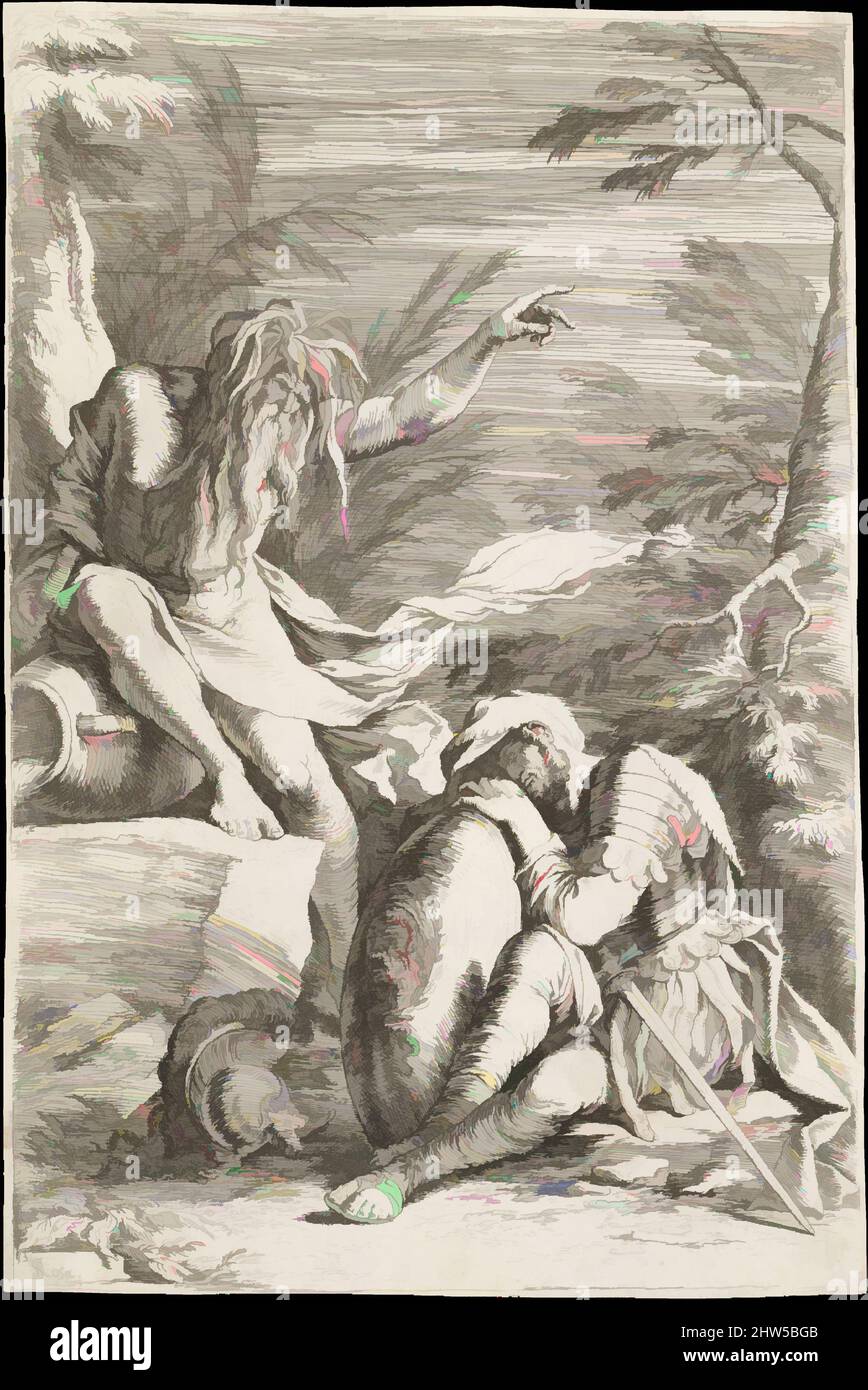 Kunst inspiriert von Dream of Aeneas: Aeneas legt seinen Kopf auf seine Hände auf seinem Schild, während der flussgott Tiber sich auf ein Schiff lehnt und mit seiner linken Hand nach oben zeigt, ca. 1663–1664, Ätzen und Trockenpunkt, Blatt: 13 13/16 x 9 3/16 Zoll (35,1 x 23,3 cm), Drucke, Salvator Rosa (Italienisch, Klassische Werke, die von Artotop mit einem Schuss Moderne modernisiert wurden. Formen, Farbe und Wert, auffällige visuelle Wirkung auf Kunst. Emotionen durch Freiheit von Kunstwerken auf zeitgemäße Weise. Eine zeitlose Botschaft, die eine wild kreative neue Richtung verfolgt. Künstler, die sich dem digitalen Medium zuwenden und die Artotop NFT erschaffen Stockfoto