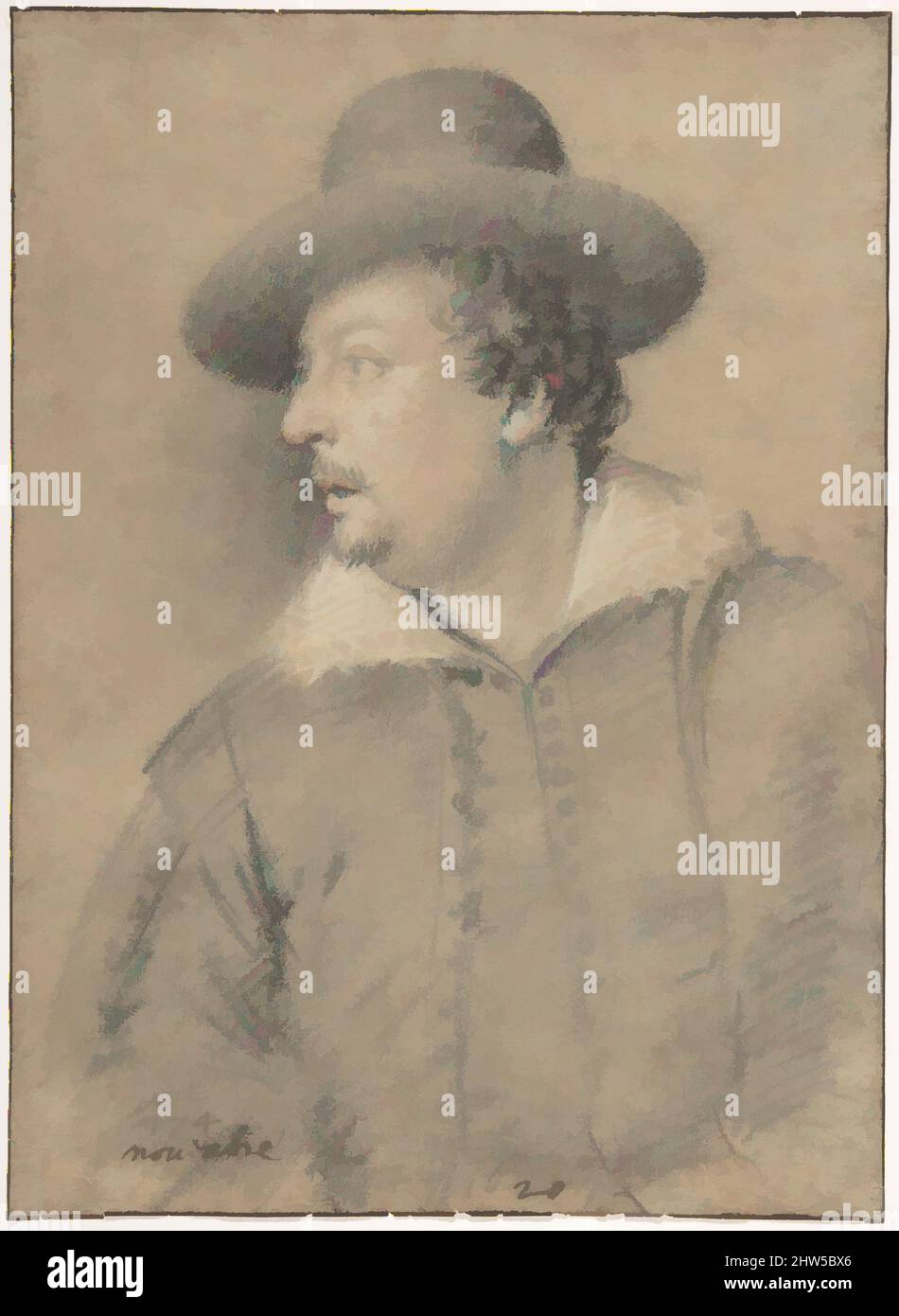 Kunst inspiriert von Portrait of Tommaso Salini (ca. 1578-1630), 1620, Schwarze Kreide und Kohle, rote Kreide, weiße Kreide auf braunem Papier (von Blau verblasst?). Rahmenlinien in Stift und brauner Tinte, 8 7/8 x 6 7/16 Zoll (22,6 x 16,4 cm), Zeichnungen, Ottavio Leoni (Il Padovano) (Italienisch, Rom 1578–1630, Klassische Werke, die von Artotop mit einem Schuss Moderne modernisiert wurden. Formen, Farbe und Wert, auffällige visuelle Wirkung auf Kunst. Emotionen durch Freiheit von Kunstwerken auf zeitgemäße Weise. Eine zeitlose Botschaft, die eine wild kreative neue Richtung verfolgt. Künstler, die sich dem digitalen Medium zuwenden und die Artotop NFT erschaffen Stockfoto