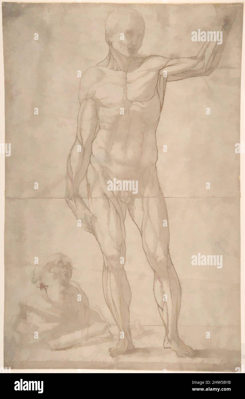 Kunst inspiriert von Anatomiestudium: Ein Jugendlicher, der ein Ecorché eines stehenden Mannes zeichnet., 1550–1600, Stift und braune Tinte, Pinsel und grau-braune Wäsche, über Spuren von schwarzer Kreide oder Bleipunkt, 14-3/8 x 10 Zoll (36,5 x 25,4 cm), Zeichnungen, Anonymous, Italienisch, 16. bis Anfang 17. Jahrhundert, Klassische Werke, die von Artotop mit einem Schuss Moderne modernisiert wurden. Formen, Farbe und Wert, auffällige visuelle Wirkung auf Kunst. Emotionen durch Freiheit von Kunstwerken auf zeitgemäße Weise. Eine zeitlose Botschaft, die eine wild kreative neue Richtung verfolgt. Künstler, die sich dem digitalen Medium zuwenden und die Artotop NFT erschaffen Stockfoto