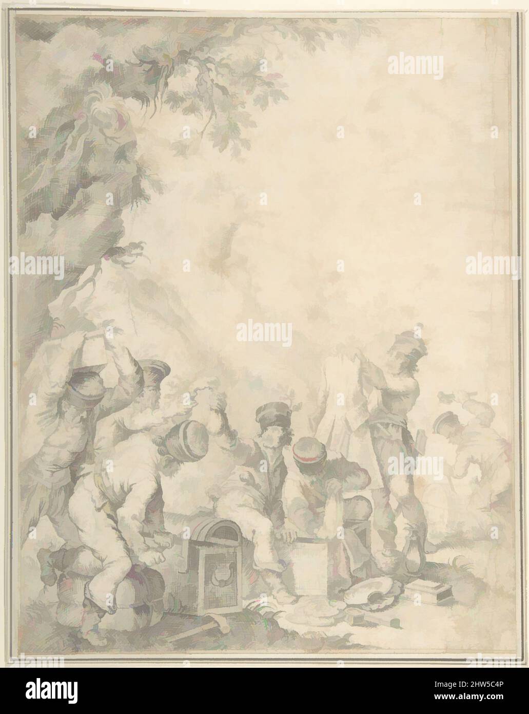 Von Brigands inspirierte Kunst: Design for an Engraving, 18. Century, Schwarze Kreide, 11 1/4 x 8 3/4in. (28,6 x 22,2cm), Zeichnungen, Anonym, Italienisch, erste Hälfte des 18.. Jahrhunderts, Klassische Werke, die von Artotop mit einem Schuss Moderne modernisiert wurden. Formen, Farbe und Wert, auffällige visuelle Wirkung auf Kunst. Emotionen durch Freiheit von Kunstwerken auf zeitgemäße Weise. Eine zeitlose Botschaft, die eine wild kreative neue Richtung verfolgt. Künstler, die sich dem digitalen Medium zuwenden und die Artotop NFT erschaffen Stockfoto