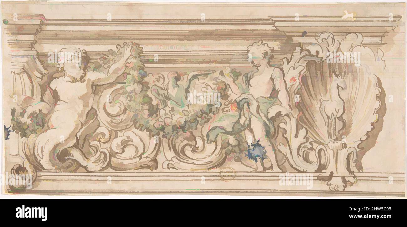 Kunst inspiriert von der Deckendekoration, 17. Century, Stift und braune Tinte, gewaschen, mit Rosa und Grün getönt, 8-3/4 x 21-1/8 Zoll (22,2 x 53,7 cm), Zeichnungen, Anonym, italienisch, 17. Jahrhundert, Klassische Werke, die von Artotop mit einem Hauch von Moderne modernisiert wurden. Formen, Farbe und Wert, auffällige visuelle Wirkung auf Kunst. Emotionen durch Freiheit von Kunstwerken auf zeitgemäße Weise. Eine zeitlose Botschaft, die eine wild kreative neue Richtung verfolgt. Künstler, die sich dem digitalen Medium zuwenden und die Artotop NFT erschaffen Stockfoto