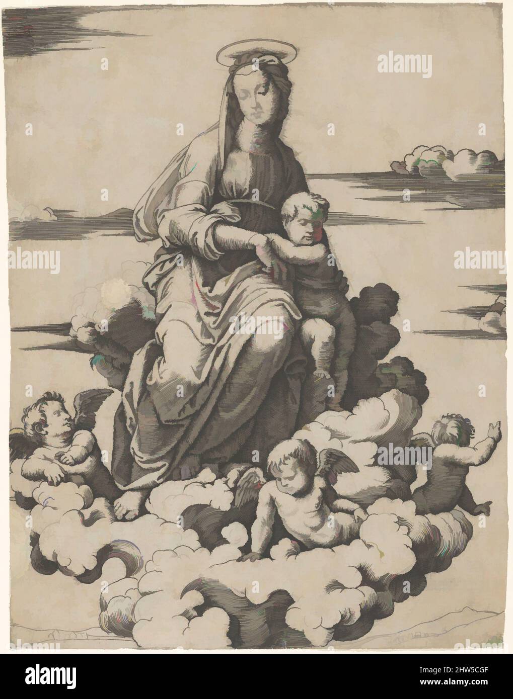 Kunst inspiriert von der Jungfrau und dem Christkind auf Wolken sitzend, ca. 1500–1534, Gravieren, 6 15/16 x 5 1/4 Zoll (17,6 x 13,4 cm), Drucke, Marcantonio Raimondi (Italienisch, Argini (?) Ca. 1480–vor 1534 Bologna (?)), nach Raphael (Rafaello Sanzio oder Santi) (Italienisch, Urbino 1483–1520, Klassische Werke, die von Artotop mit einem Schuss Moderne modernisiert wurden. Formen, Farbe und Wert, auffällige visuelle Wirkung auf Kunst. Emotionen durch Freiheit von Kunstwerken auf zeitgemäße Weise. Eine zeitlose Botschaft, die eine wild kreative neue Richtung verfolgt. Künstler, die sich dem digitalen Medium zuwenden und die Artotop NFT erschaffen Stockfoto