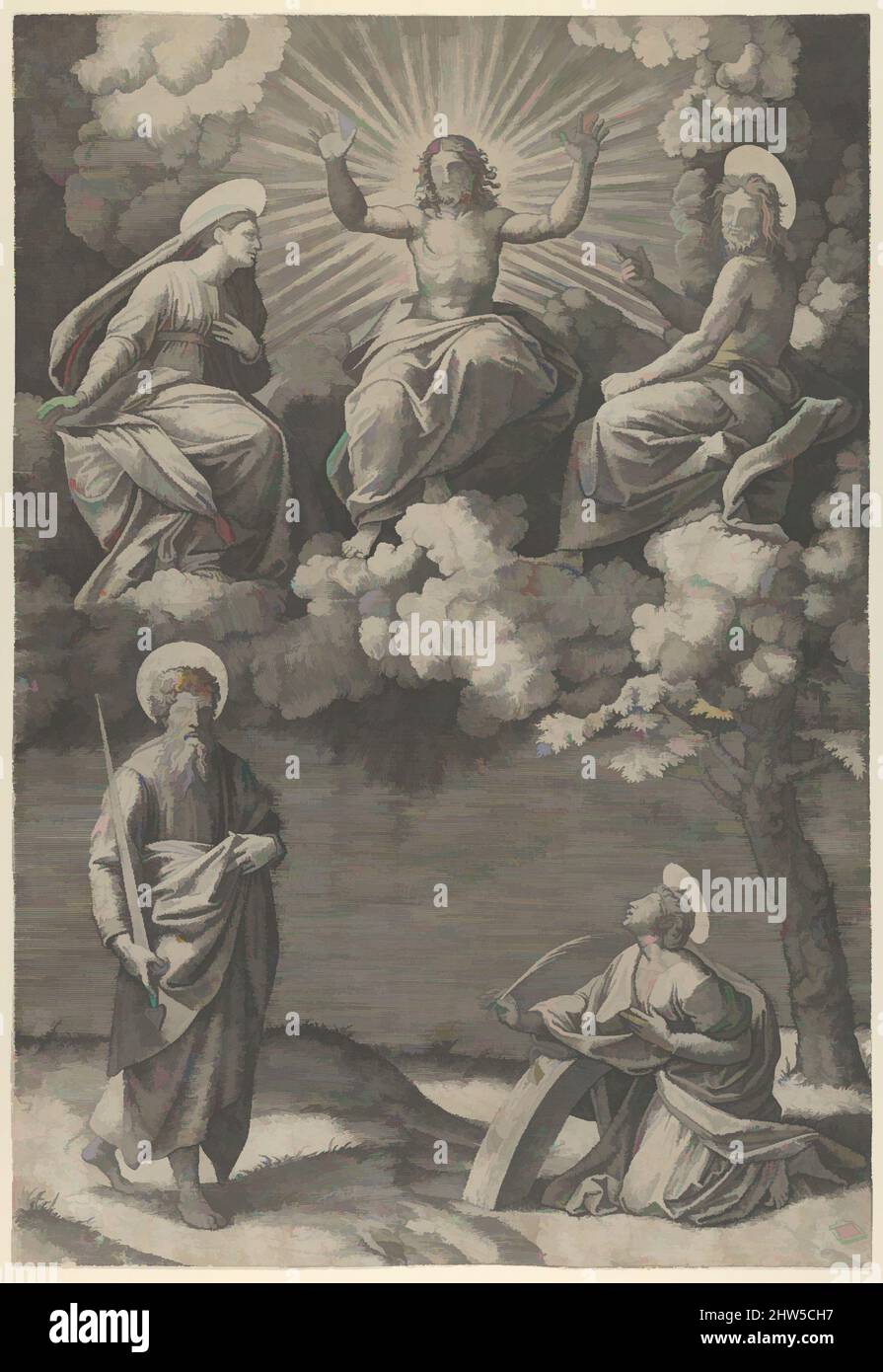 Von Christus inspirierte Kunst flankiert von der Jungfrau und dem heiligen Johannes im oberen Teil, St. Paul und St. Catherine unten, ca. 1520–25, Gravieren, 16 9/16 x 11 3/8 Zoll (42,1 x 28,9 cm), Drucke, Marcantonio Raimondi (Italienisch, Argini (?) Ca. 1480–vor 1534 Bologna (?)), After Raphael (Rafaello, Klassisches Werk, modernisiert von Artotop mit einem Schuss Moderne. Formen, Farbe und Wert, auffällige visuelle Wirkung auf Kunst. Emotionen durch Freiheit von Kunstwerken auf zeitgemäße Weise. Eine zeitlose Botschaft, die eine wild kreative neue Richtung verfolgt. Künstler, die sich dem digitalen Medium zuwenden und die Artotop NFT erschaffen Stockfoto