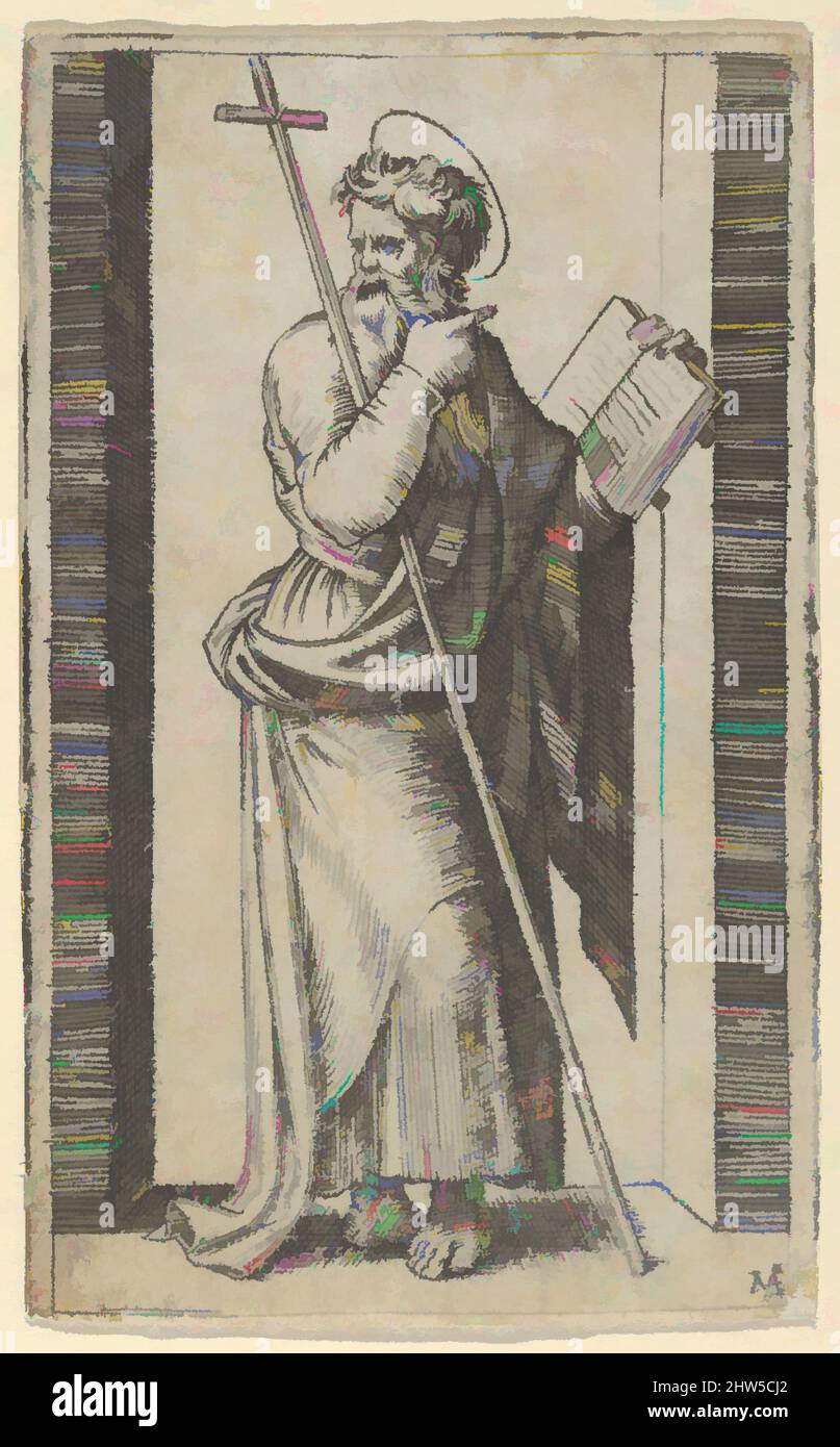 Kunst, inspiriert vom heiligen Philip, Buch in der linken Hand, Stab auf dem linken Arm, aus der Serie 'Piccoli Santi' (kleine Heilige), ca. 1500–1527, Gravieren, Blatt: 3 1/4 x 1 7/8 Zoll (8,2 x 4,8 cm), Drucke, Marcantonio Raimondi (Italienisch, Argini (?) Ca. 1480–vor 1534 Bologna, Klassisches Werk, modernisiert von Artotop mit einem Schuss Moderne. Formen, Farbe und Wert, auffällige visuelle Wirkung auf Kunst. Emotionen durch Freiheit von Kunstwerken auf zeitgemäße Weise. Eine zeitlose Botschaft, die eine wild kreative neue Richtung verfolgt. Künstler, die sich dem digitalen Medium zuwenden und die Artotop NFT erschaffen Stockfoto