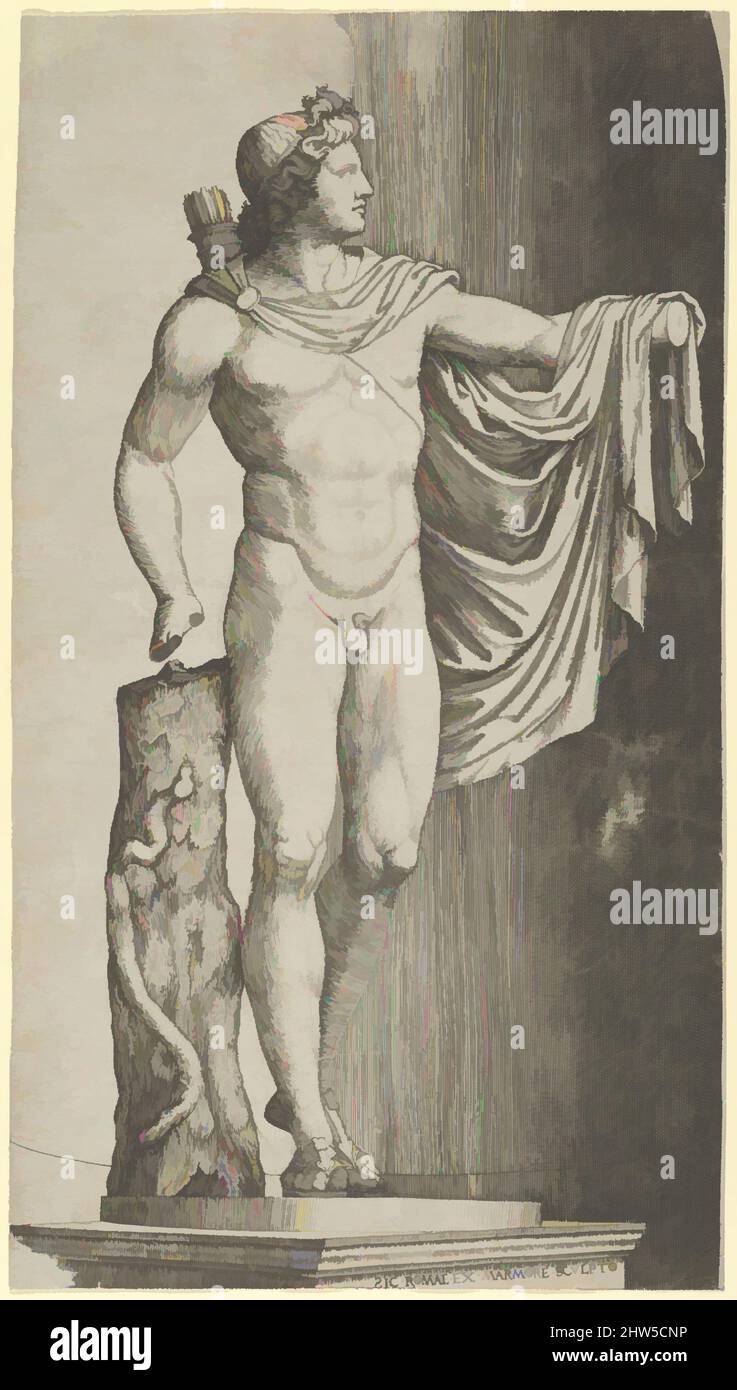 Kunst inspiriert vom Apollo Belvedere aus dem Vatikan seine linke Hand ruht auf dem Baumstamm, um den sich eine Python wickelt, ca. 1510–27, Gravieren, 11 7/16 x 6 3/8 Zoll (29,1 x 16,2 cm), Drucke, Marcantonio Raimondi (Italienisch, Argini (?) Ca. 1480–vor 1534 Bologna (?)), The Apollo, Classic Works modernisiert von Artotop mit einem Schuss Moderne. Formen, Farbe und Wert, auffällige visuelle Wirkung auf Kunst. Emotionen durch Freiheit von Kunstwerken auf zeitgemäße Weise. Eine zeitlose Botschaft, die eine wild kreative neue Richtung verfolgt. Künstler, die sich dem digitalen Medium zuwenden und die Artotop NFT erschaffen Stockfoto