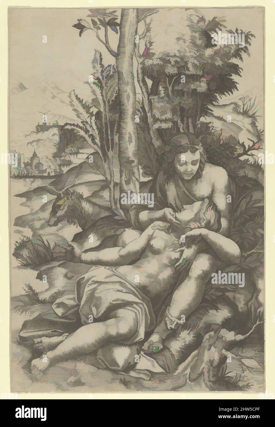 Kunst inspiriert von Mevor und Angelica aus Lodovico Ariostos 'Orlando Furioso' oder Venus und Adonis umarmen, in einer Landschaft, ca. 1510–27, Gravieren, Blatt: 10 7/16 × 6 15/16 Zoll (26,5 × 17,6 cm), Drucke, Marcantonio Raimondi (Italienisch, Argini (?) Ca. 1480–vor 1534 Bologna, Klassisches Werk, modernisiert von Artotop mit einem Schuss Moderne. Formen, Farbe und Wert, auffällige visuelle Wirkung auf Kunst. Emotionen durch Freiheit von Kunstwerken auf zeitgemäße Weise. Eine zeitlose Botschaft, die eine wild kreative neue Richtung verfolgt. Künstler, die sich dem digitalen Medium zuwenden und die Artotop NFT erschaffen Stockfoto