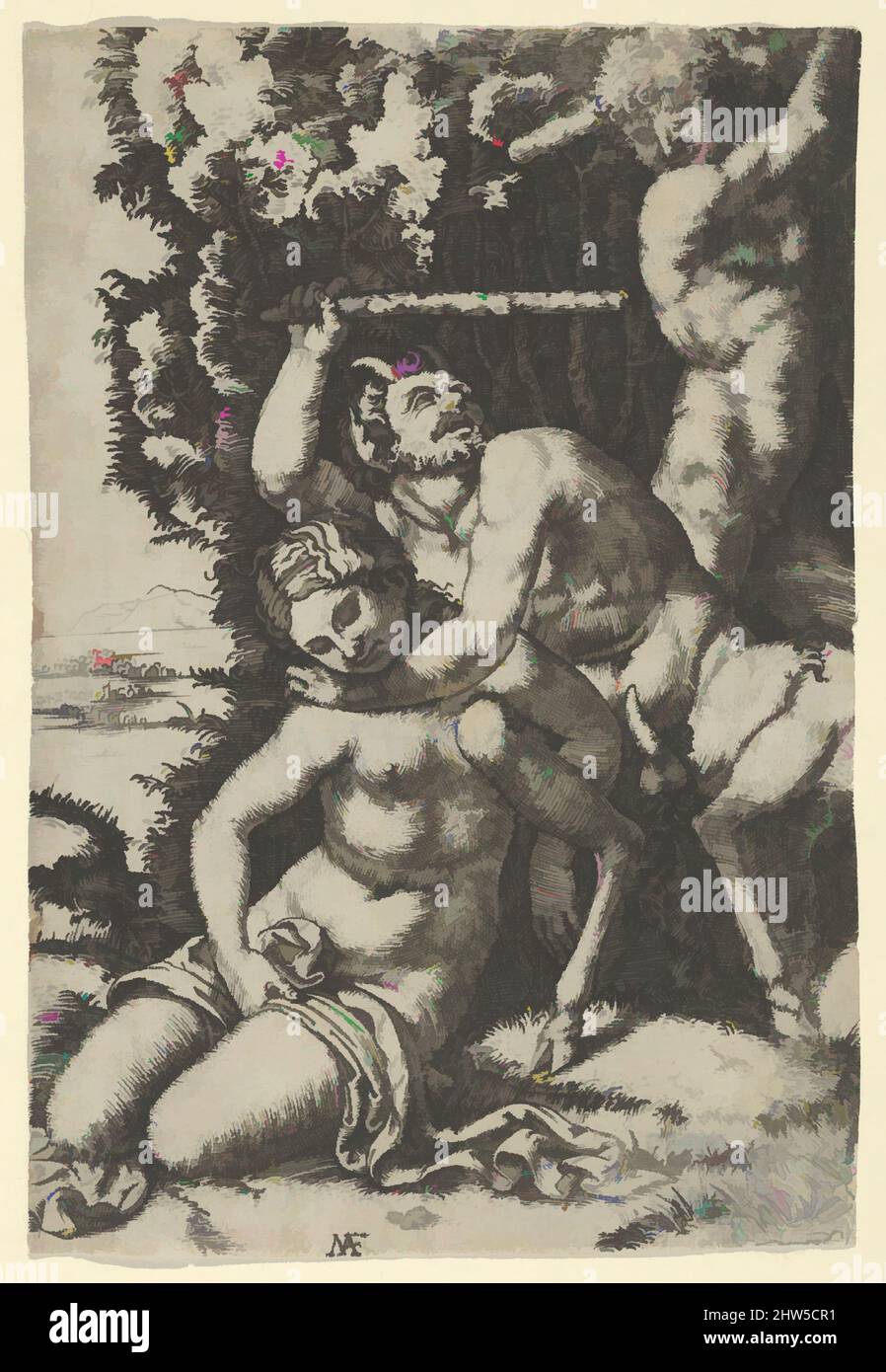 Kunst inspiriert von Einem Satyr, der um eine Nymphe kämpft, ca. 1510–40, Gravieren, Blatt: 4 5/8 × 3 3/16 Zoll (11,8 × 8,1 cm), Drucke, Anonymous, After Marcantonio Raimondi (Italienisch, Argini (?) Ca. 1480–vor 1534 Bologna (?), ?nach Francesco Francia (italienisch, Bologna ca. 1447–1517 Bologna, Klassisches Werk, modernisiert von Artotop mit einem Schuss Moderne. Formen, Farbe und Wert, auffällige visuelle Wirkung auf Kunst. Emotionen durch Freiheit von Kunstwerken auf zeitgemäße Weise. Eine zeitlose Botschaft, die eine wild kreative neue Richtung verfolgt. Künstler, die sich dem digitalen Medium zuwenden und die Artotop NFT erschaffen Stockfoto