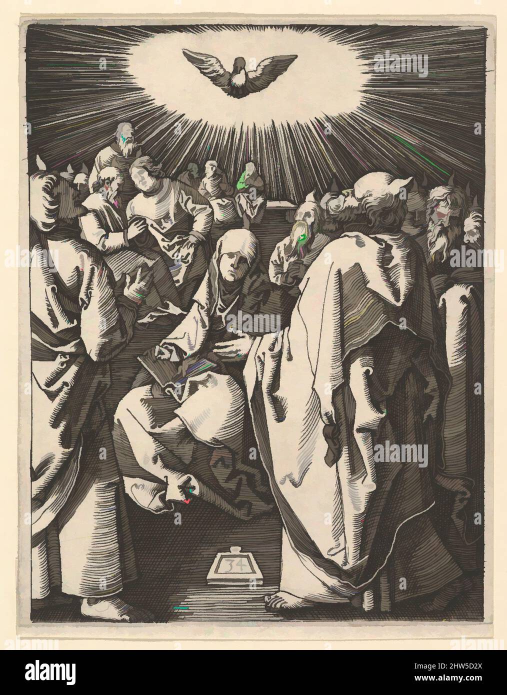 Kunst inspiriert durch das Pfingsten; die Heilige Taube erscheint oben, unten sitzt die Jungfrau von Aposteln umgeben, nach Dürer, ca. 1500–1534, Gravieren; dritter Zustand von drei, Blatt: 5 3/16 × 3 15/16 Zoll (13,1 × 10 cm), Drucke, Marcantonio Raimondi (Italienisch, Argini (?) Ca. 1480–vor 1534 modernisierte Classic Works von Artotop mit einem Schuss Moderne. Formen, Farbe und Wert, auffällige visuelle Wirkung auf Kunst. Emotionen durch Freiheit von Kunstwerken auf zeitgemäße Weise. Eine zeitlose Botschaft, die eine wild kreative neue Richtung verfolgt. Künstler, die sich dem digitalen Medium zuwenden und die Artotop NFT erschaffen Stockfoto