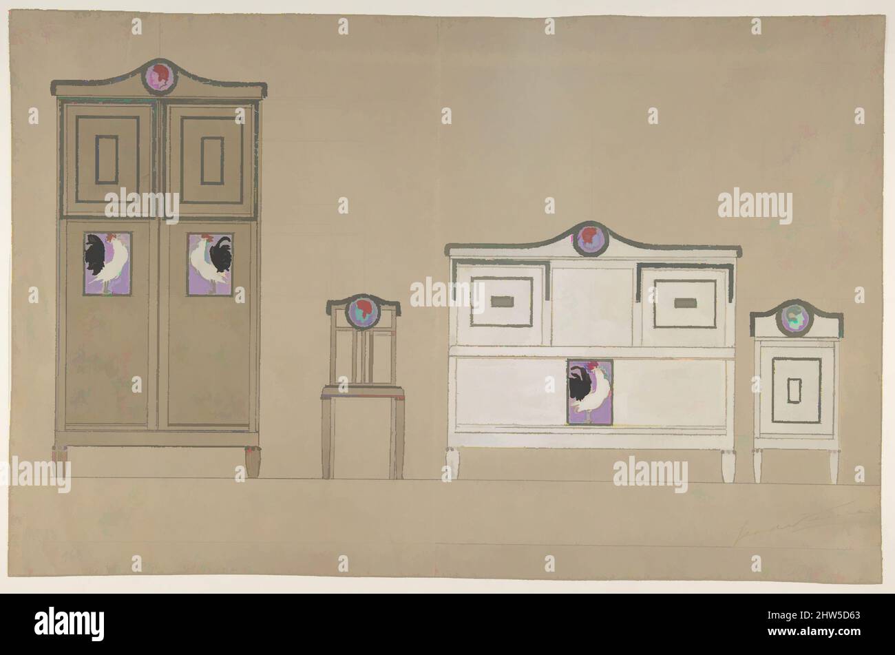 Kunst inspiriert von Möbeldesigns: Garderobe, Stuhl, Büro und Waschtisch, n.d., Aquarell, 10 7/8 x 16 3/4 Zoll (27,6 x 42,5 cm), Zeichnungen, Georges de Feure (französisch, Paris 1868–1943 Paris, Klassische Werke, die von Artotop mit einem Schuss Moderne modernisiert wurden. Formen, Farbe und Wert, auffällige visuelle Wirkung auf Kunst. Emotionen durch Freiheit von Kunstwerken auf zeitgemäße Weise. Eine zeitlose Botschaft, die eine wild kreative neue Richtung verfolgt. Künstler, die sich dem digitalen Medium zuwenden und die Artotop NFT erschaffen Stockfoto