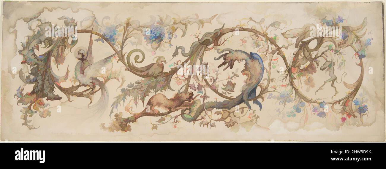 Kunst inspiriert von Allegory of Laces, 1840–98, Pinsel und Aquarell und vergoldet über Graphit, 4 3/4 x 12 13/16in. (12 x 32,5cm), Zeichnungen, Gustave Moreau zugeschrieben (Französisch, Paris 1826–1898 Paris, Klassische Werke, die von Artotop mit einem Schuss Moderne modernisiert wurden. Formen, Farbe und Wert, auffällige visuelle Wirkung auf Kunst. Emotionen durch Freiheit von Kunstwerken auf zeitgemäße Weise. Eine zeitlose Botschaft, die eine wild kreative neue Richtung verfolgt. Künstler, die sich dem digitalen Medium zuwenden und die Artotop NFT erschaffen Stockfoto