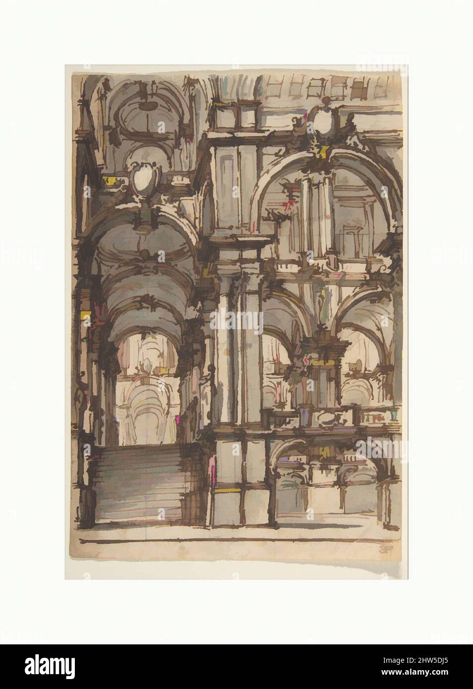 Von Design inspirierte Kunst für ein Bühnenbild: Treppenhaus und Arkaden, die zu einem Salone führen, 1698–1765, Stift und braune Tinte, Pinsel mit brauner und grauer Wäsche, über Graphit oder schwarzer Kreide, 5 7/8 x 4in. (14,9 x 10,2cm), Zeichnungen, Giovanni Battista Natali III (Italienisch, Pontremoli, Toskana 1698–1765, Klassische Werke, die von Artotop mit einem Schuss Moderne modernisiert wurden. Formen, Farbe und Wert, auffällige visuelle Wirkung auf Kunst. Emotionen durch Freiheit von Kunstwerken auf zeitgemäße Weise. Eine zeitlose Botschaft, die eine wild kreative neue Richtung verfolgt. Künstler, die sich dem digitalen Medium zuwenden und die Artotop NFT erschaffen Stockfoto