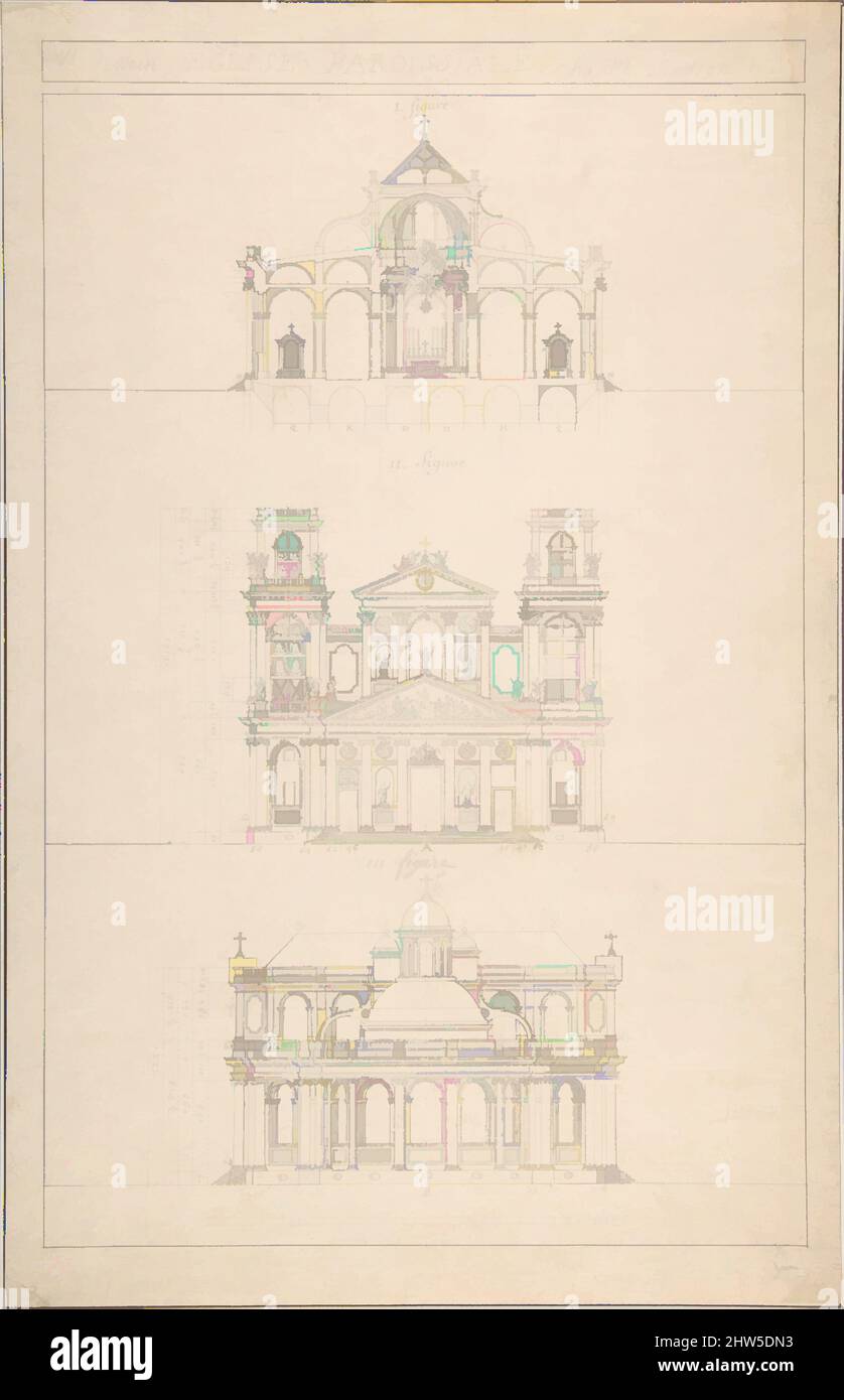 Kunst inspiriert von der Zeichnung von Innen, façade und Rückseite der Kirche, 18. Jahrhundert, Stift und Tinte, 14 1/8 x 9 1/8 Zoll (35,9 x 23,2 cm), Jacques Germain Soufflot (Französisch, Irancy 1713–1780 Paris, Klassische Werke, die von Artotop mit einem Schuss Moderne modernisiert wurden. Formen, Farbe und Wert, auffällige visuelle Wirkung auf Kunst. Emotionen durch Freiheit von Kunstwerken auf zeitgemäße Weise. Eine zeitlose Botschaft, die eine wild kreative neue Richtung verfolgt. Künstler, die sich dem digitalen Medium zuwenden und die Artotop NFT erschaffen Stockfoto