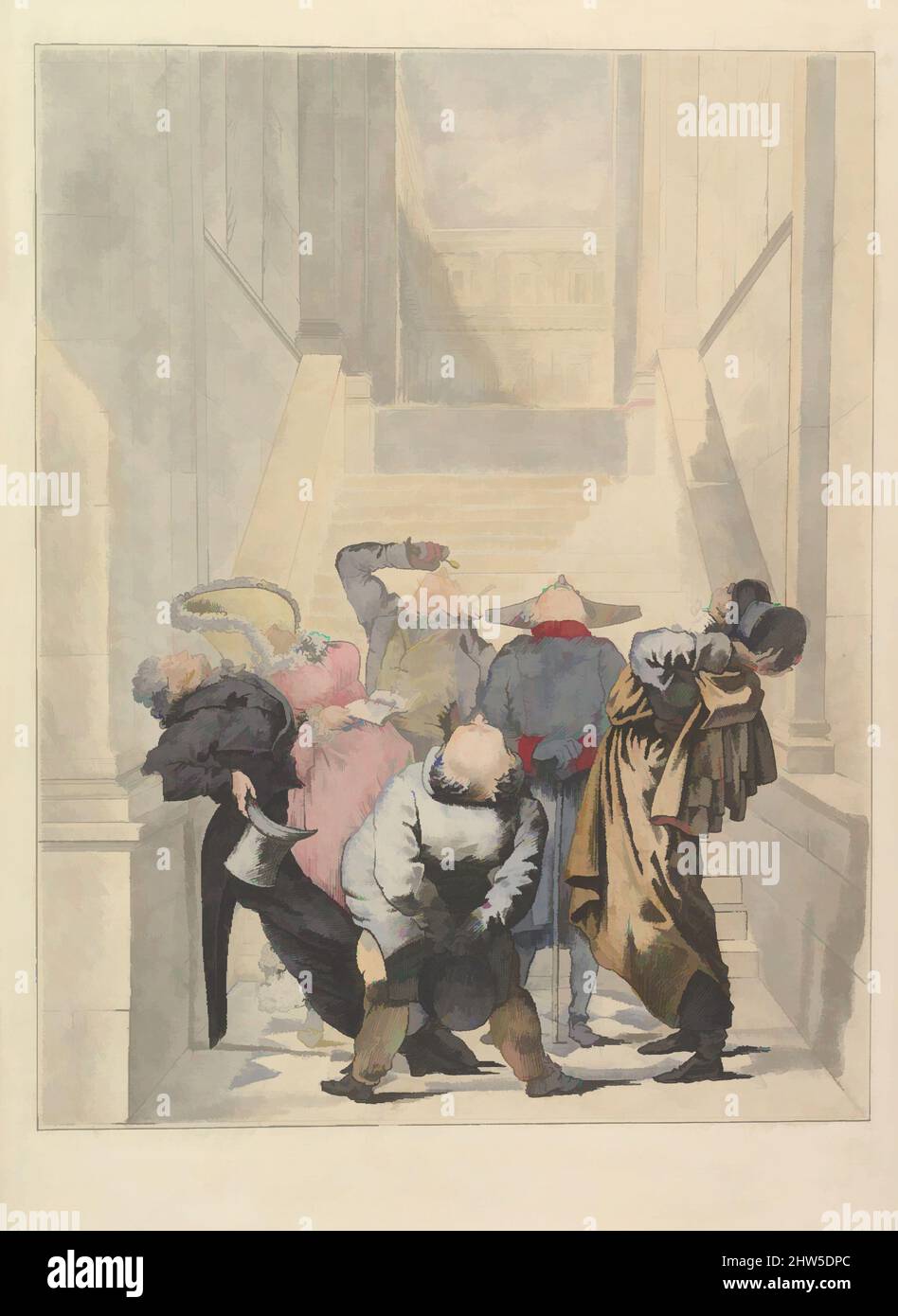 Kunst inspiriert von den Besuchern der Salon Ausstellung, bewundern der Decke (Les Amateurs de plafonds au Salon), 27. August 1824, Radierung, von Hand gefärbt, Blatt: 15 9/16 x 11 1/4 Zoll (39,5 x 28,6 cm), Drucke, geätzt von Louis Philibert Debucourt (französisch, Paris 1755–1832 Paris), nach Carle, Klassische Werke, die von Artotop mit einem Schuss Moderne modernisiert wurden. Formen, Farbe und Wert, auffällige visuelle Wirkung auf Kunst. Emotionen durch Freiheit von Kunstwerken auf zeitgemäße Weise. Eine zeitlose Botschaft, die eine wild kreative neue Richtung verfolgt. Künstler, die sich dem digitalen Medium zuwenden und die Artotop NFT erschaffen Stockfoto