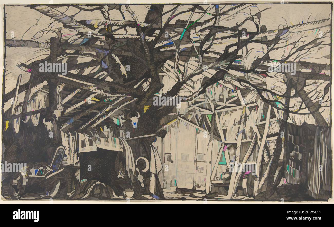 Kunst inspiriert von Stage Set Design: Interior of a Camouflage African Shelter or Military Post with Carts and Bucrania., 1870–1941, Pen and black and grey ink, over traces of blue Pencil. Doppelte Rahmenlinien in Stift und schwarzer Tinte, Blatt: 11 x 18 1/2 Zoll (27,9 x 47 cm), Zeichnungen, Salvador, Klassische Werke, die von Artotop mit einem Schuss Moderne modernisiert wurden. Formen, Farbe und Wert, auffällige visuelle Wirkung auf Kunst. Emotionen durch Freiheit von Kunstwerken auf zeitgemäße Weise. Eine zeitlose Botschaft, die eine wild kreative neue Richtung verfolgt. Künstler, die sich dem digitalen Medium zuwenden und die Artotop NFT erschaffen Stockfoto Kunst inspiriert von Stage Set Design: Interior of a Camouflage African Shelter or Military Post with Carts and Bucrania., 1870–1941, Pen and black and grey ink, over traces of blue Pencil. Doppelte Rahmenlinien in Stift und schwarzer Tinte, Blatt: 11 x 18 1/2 Zoll (27,9 x 47 cm), Zeichnungen, Salvador, Klassische Werke, die von Artotop mit einem Schuss Moderne modernisiert wurden. Formen, Farbe und Wert, auffällige visuelle Wirkung auf Kunst. Emotionen durch Freiheit von Kunstwerken auf zeitgemäße Weise. Eine zeitlose Botschaft, die eine wild kreative neue Richtung verfolgt. Künstler, die sich dem digitalen Medium zuwenden und die Artotop NFT erschaffen Stockfoto