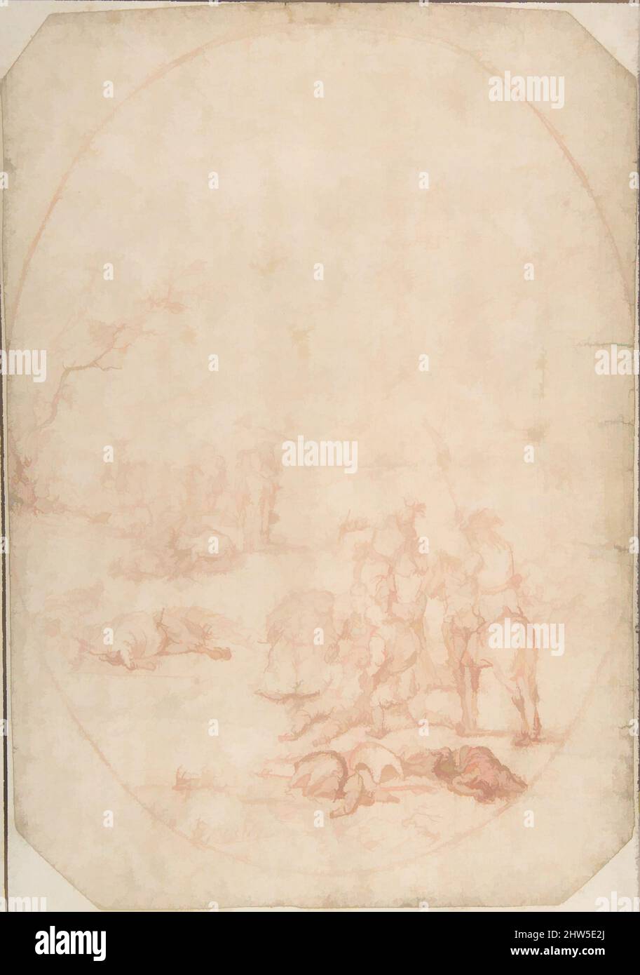 Kunst inspiriert von Landschaft mit Soldaten, die den Verwundeten nach einer Schlacht helfen, 17.. Jahrhundert, Rote Kreide (auf einem größeren Blatt mit Rahmen in Feder und Tinte)., 11 x 8 1/4 Zoll Oval, Zeichnungen, Anonym, französisch, 18. Jahrhundert, Klassische Werke, die von Artotop mit einem Hauch von Moderne modernisiert wurden. Formen, Farbe und Wert, auffällige visuelle Wirkung auf Kunst. Emotionen durch Freiheit von Kunstwerken auf zeitgemäße Weise. Eine zeitlose Botschaft, die eine wild kreative neue Richtung verfolgt. Künstler, die sich dem digitalen Medium zuwenden und die Artotop NFT erschaffen Stockfoto