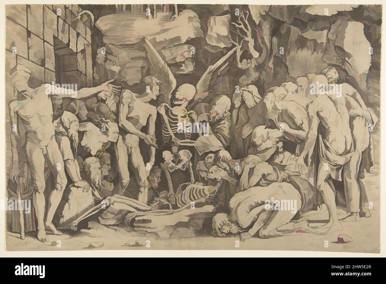 Kunst inspiriert von Einer Gruppe ausgezehrter Männer und Frauen, die sich um ein auf dem Boden gelegtes Skelett und eine Figur des Todes als geflügeltes Skelett versammelten, das darüber ein offenes Buch hält, ca. 1515–27, Gravieren, Blatt (getrimmt): 11 1/4 × 17 1/8 Zoll (28,5 × 43,5 cm), Drucke, Marco Dente (, Klassisches Werk, modernisiert von Artotop mit einem Schuss Moderne. Formen, Farbe und Wert, auffällige visuelle Wirkung auf Kunst. Emotionen durch Freiheit von Kunstwerken auf zeitgemäße Weise. Eine zeitlose Botschaft, die eine wild kreative neue Richtung verfolgt. Künstler, die sich dem digitalen Medium zuwenden und die Artotop NFT erschaffen Stockfoto