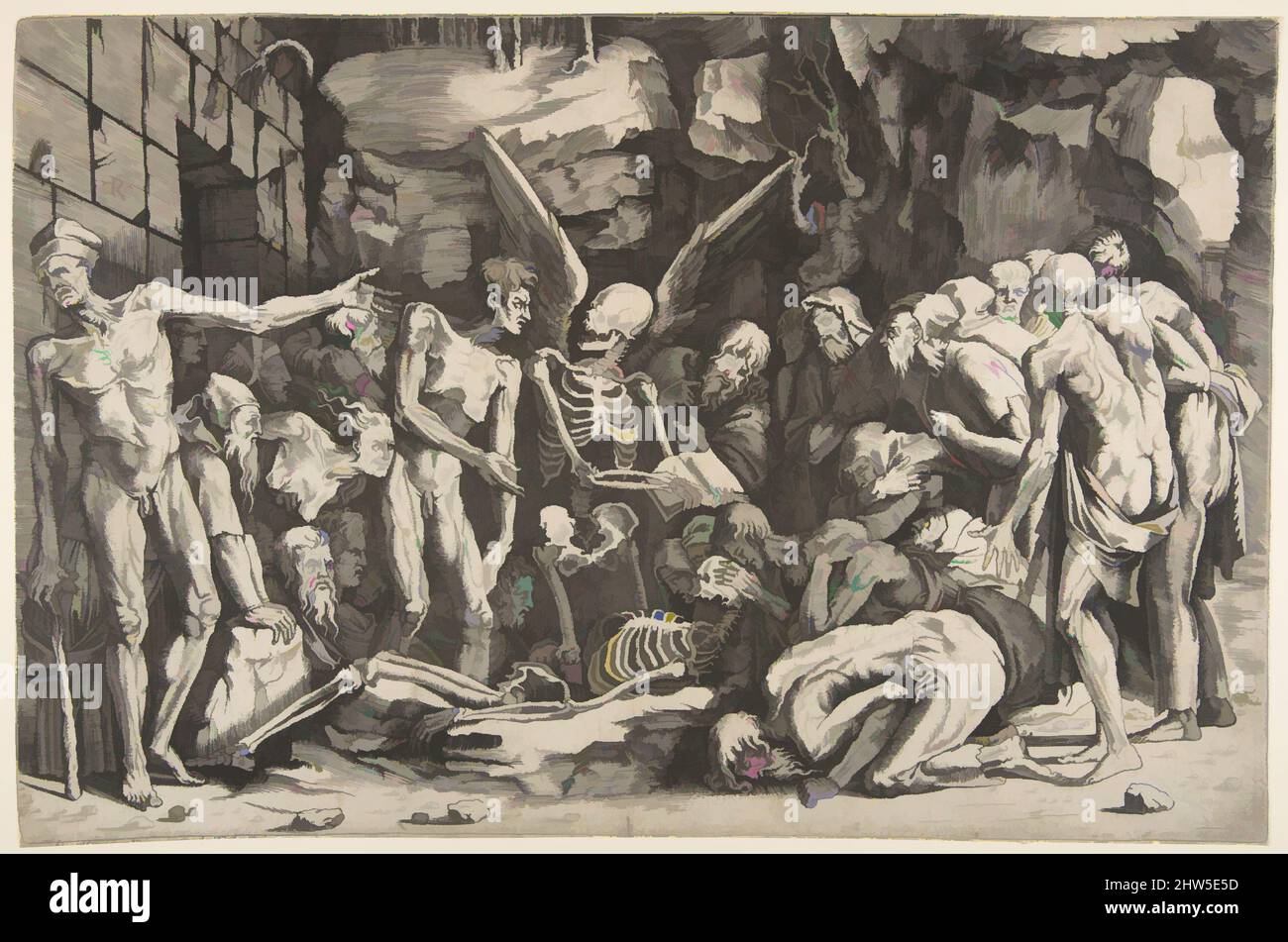 Kunst inspiriert von Einer Gruppe ausgezehrter Männer und Frauen, die sich um ein auf dem Boden gelegtes Skelett und eine Figur des Todes als geflügeltes Skelett versammelten, das darüber ein offenes Buch hält, ca. 1515–27, Gravieren, Blatt (getrimmt): 11 5/16 × 17 1/4 Zoll (28,8 × 43,8 cm), Drucke, Marco Dente (, Klassisches Werk, modernisiert von Artotop mit einem Schuss Moderne. Formen, Farbe und Wert, auffällige visuelle Wirkung auf Kunst. Emotionen durch Freiheit von Kunstwerken auf zeitgemäße Weise. Eine zeitlose Botschaft, die eine wild kreative neue Richtung verfolgt. Künstler, die sich dem digitalen Medium zuwenden und die Artotop NFT erschaffen Stockfoto